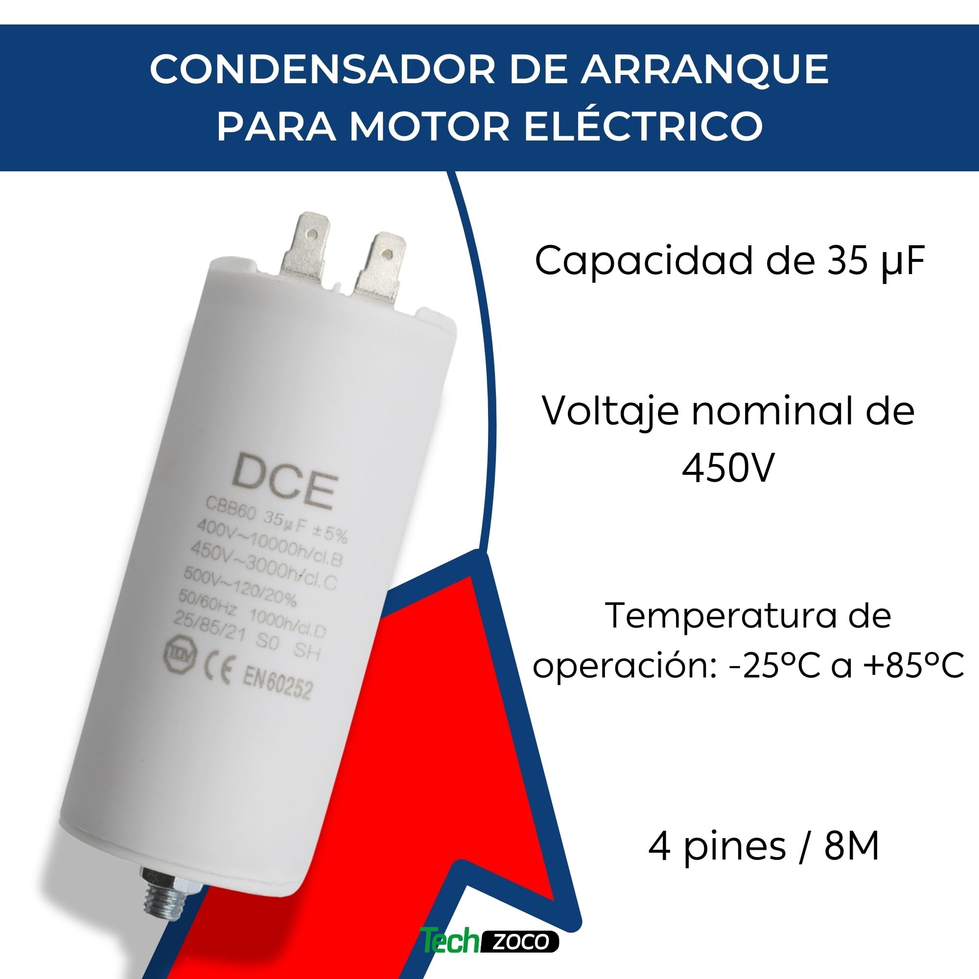 TECHZOCO Condensador de arranque 35.0 µF 450V 4 pines M8 para motor eléctrico bomba piscina
