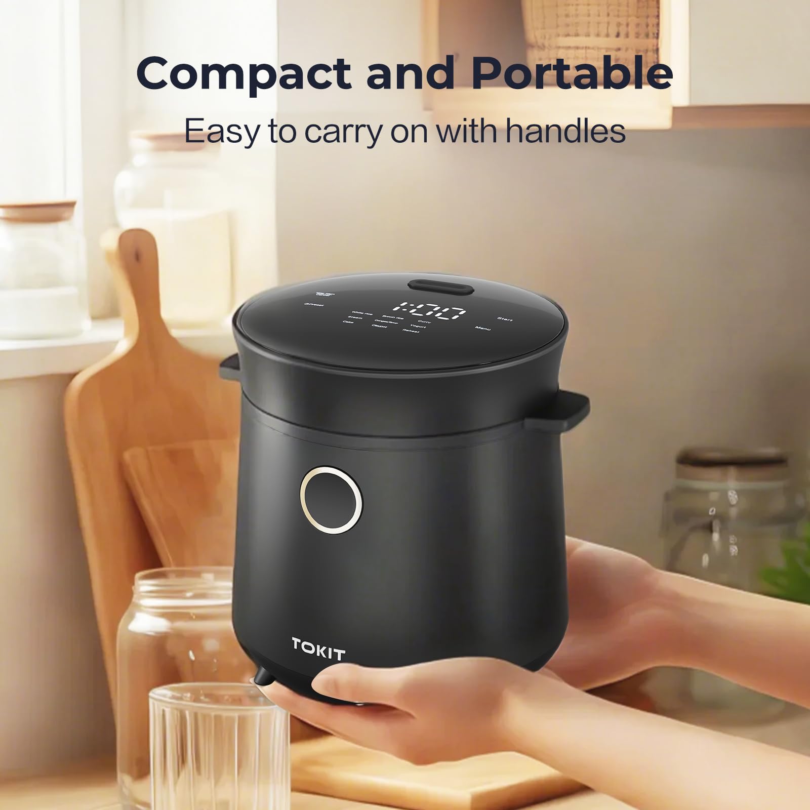 TOKIT Mini Olla Arrocera De 1,5l Para 1-2 Personas - 9 Funciones, Temporizador De 24h, Material Interior Cerámico Antiadherente, Ideal Para El Hogar, Dormitorios Y Exteriores (S)