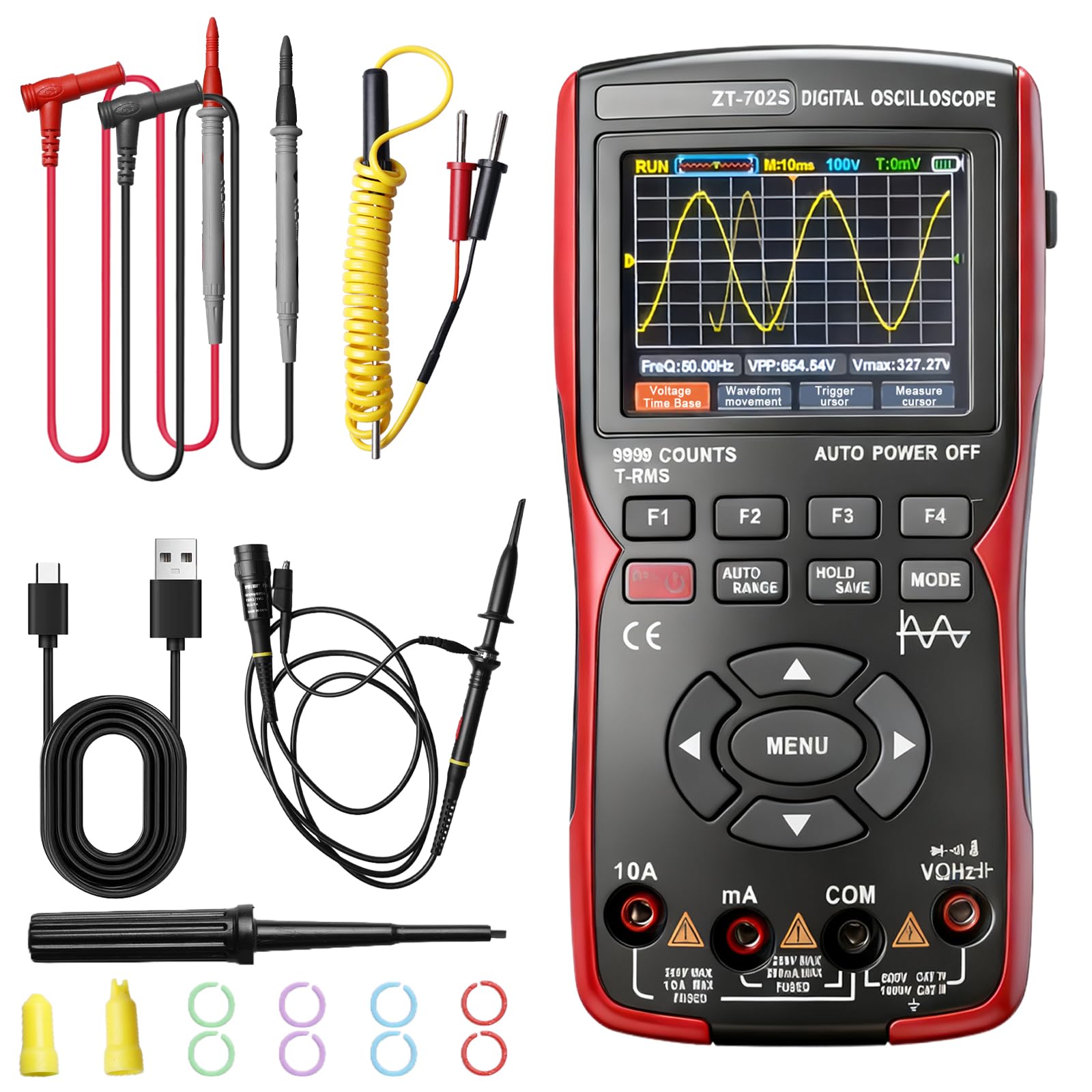 Osciloscopio portátil, multímetro digital 9999 recuentos, osciloscopio de 10 MHz de ancho de banda, 48 MSa/s de tasa de muestreo, probador de corriente, osciloscopio LED con sonda, función de