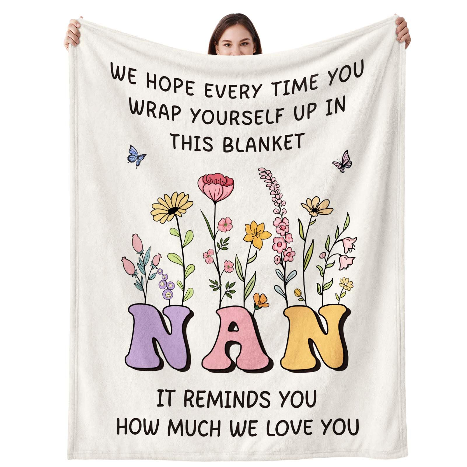 CheriGift Nan Gifts, Nan Birthday Gifts, Ultra Soft Floral Letter Print Flannel Blanket Throw, Presents for Nan’s Birthday Mother’s Day Christmas
