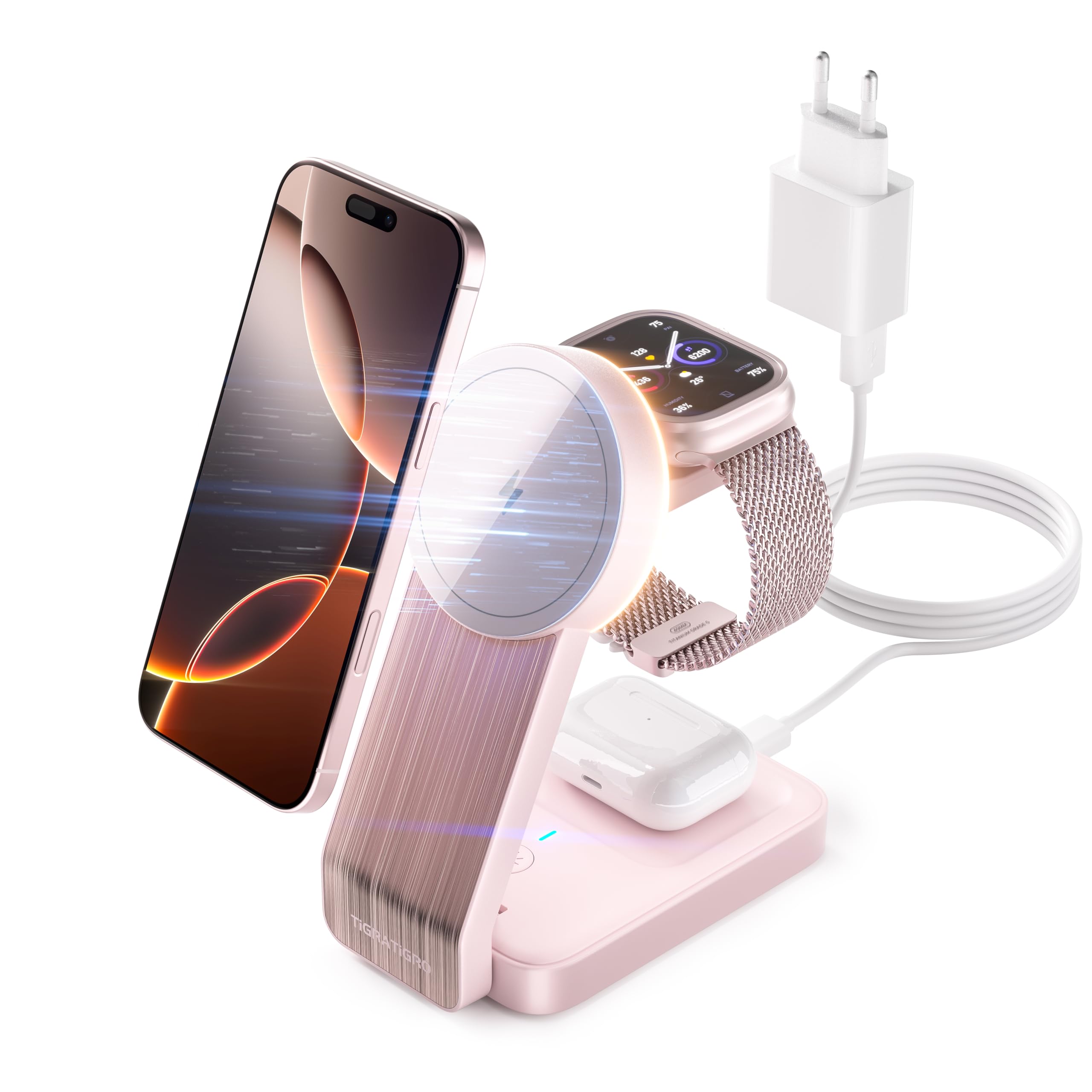 Tigratigro Caricatore Wireless per iPhone con Mag-Safe, 3 in 1 Ricarica Rapida Stazione Magnetica Pieghevole portatile Charger per iPhone 12/13/14/15/16, AirPods 2/3/4/Pro, Watch - Rosa