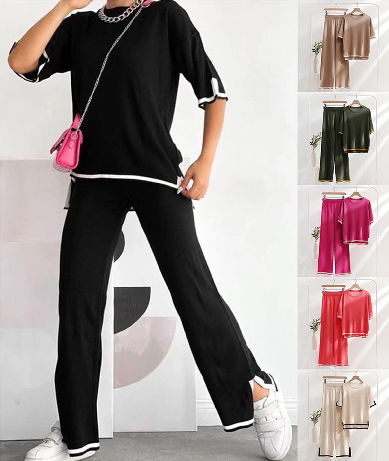Womens Knit 2 Piece Sweater Sets Lounge Sets Silk Feel Oversized Casual Short Sleeve Knit Pullover Tops Wide Leg Pants Tracksuit Homewear Elegant Trousers Sets,006,M