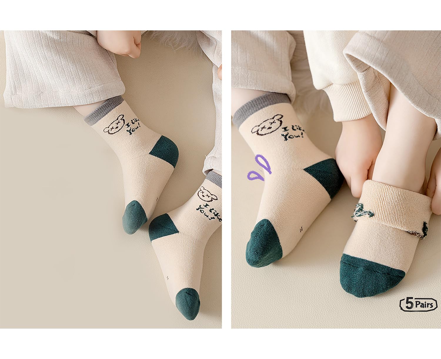 SYGA 5 Pairs Baby Socks, Toddlers Infant Cotton Stretch Crew Socks with Diamond Bear Design, Suitable for 0-2 Years baby 3