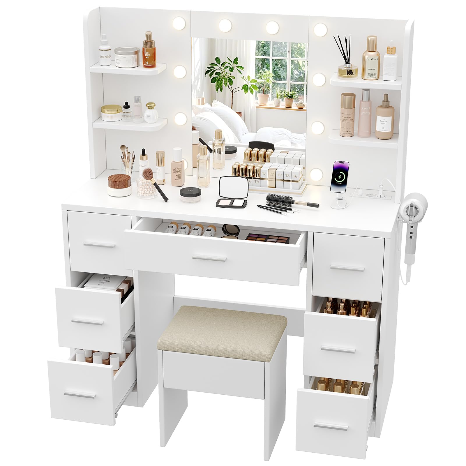 Devoko Toeletta Trucco con Luci e Prese,Postazione Trucco con Specchio e Sgabello,Tavolo da Trucco con 7 Cassetti, 4 Ripiani Aperti,Camera da letto,Moderno (Set Bianco)