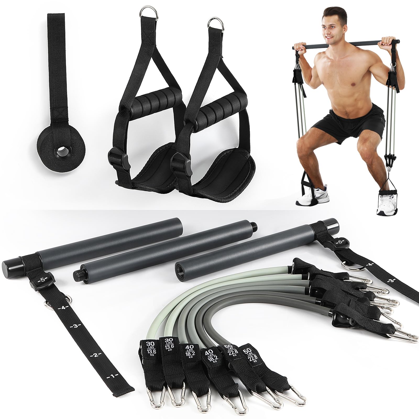 ALongSong Barra de Pilates para Casa con 6 Bandas y Vídeos (30/40/50Lbs) | Barra de Pilates de Hierro, Incluye Instrucciones en Vídeo, Jercicios para Entrenamiento en Casa, Yoga y Fitness