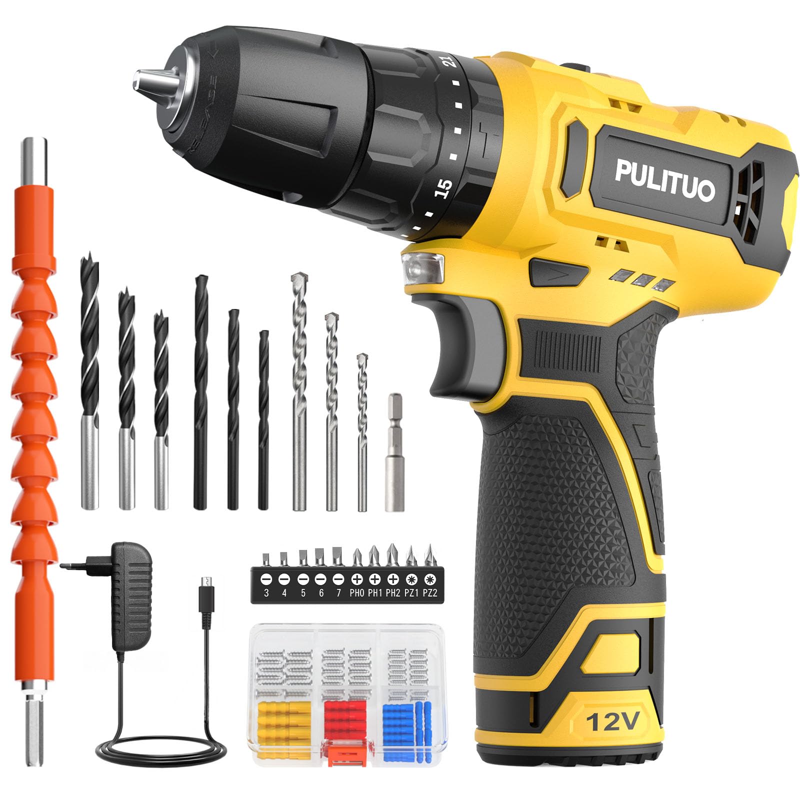 PULITUO Taladro Atornillador Batería 12V, Destornillador Eléctrico 35 N·m, 21+1+1 Niveles De Par, Batería De 1300 mAh, LED, Regulación De 2 Velocidades, Para Bricolaje Y Proyectos DIY (Amarillo)