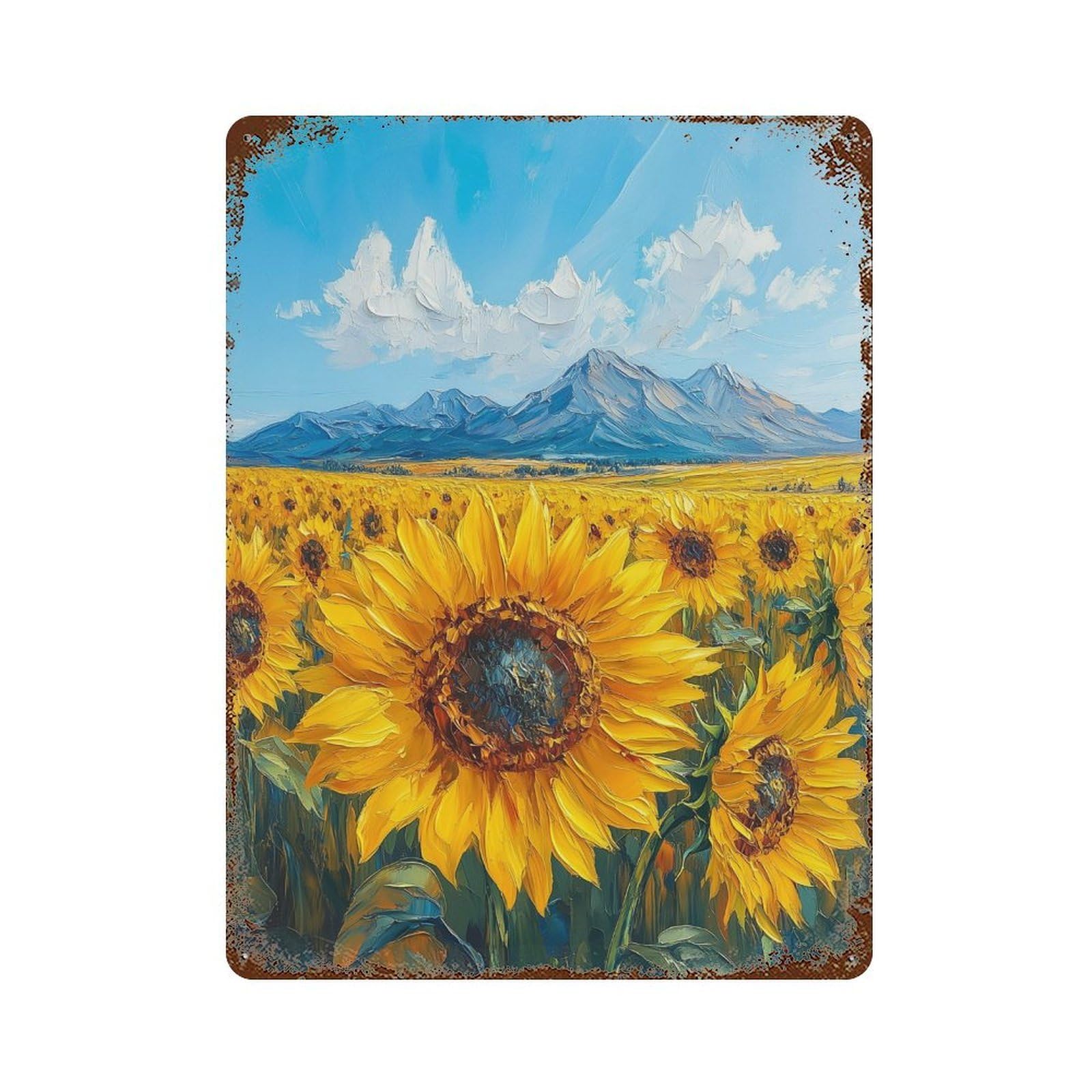 Rust Effect Sunflower Field with Mountains Rustic Tin Plaque 15.7"x11.8", Industrial Home Decor for Bistro, Counter And Cafe Decor