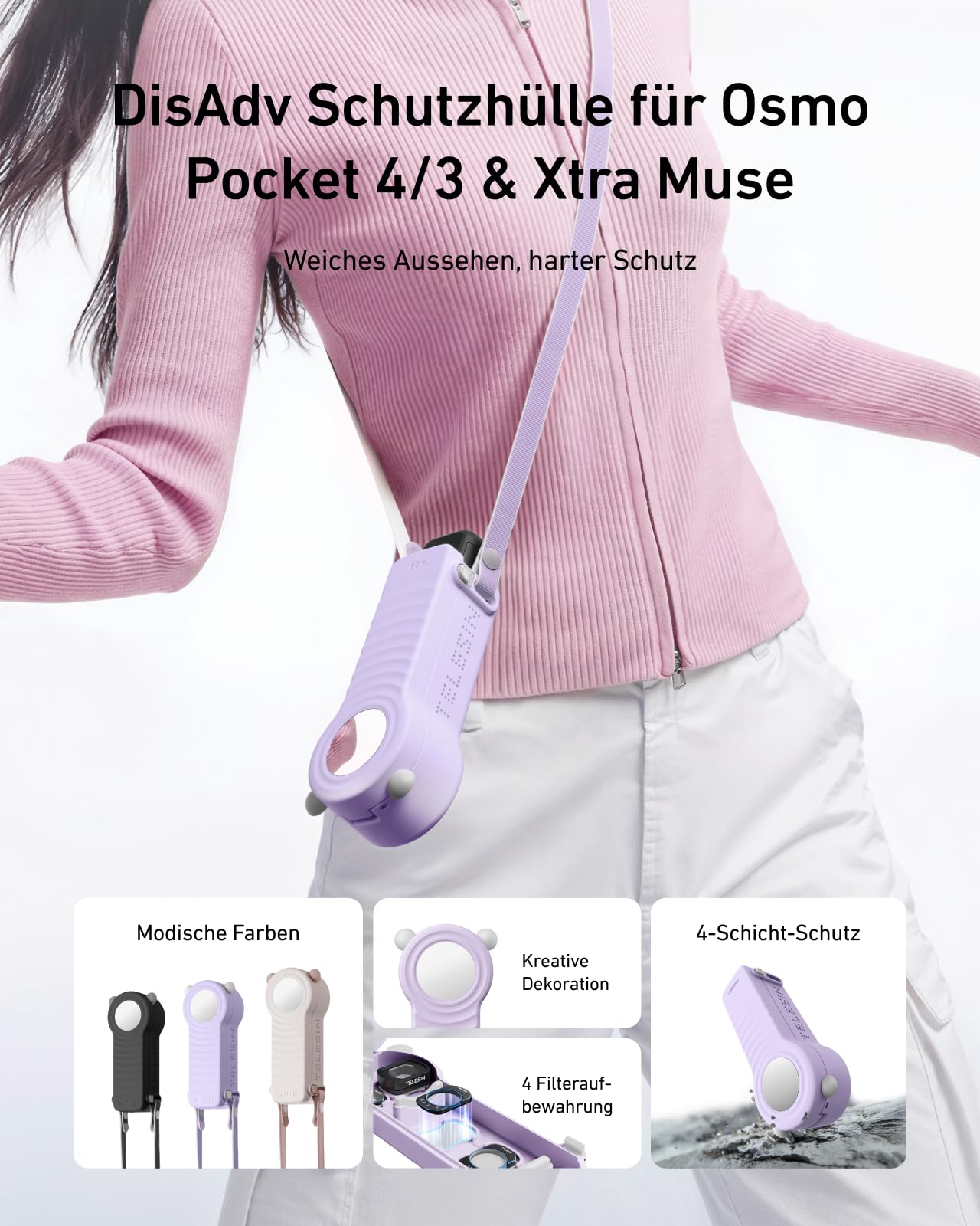 TELESIN DisAdv Schutzhülle für DJI Osmo Pocket 4/Pocket 3 Zubehör, Pocket 4/3 Hülle mit Magnetischer Filterhalter & Gimbal Display Objektivschutz, DJI Pocket 4 Hardcase mit Schultergurt(Lila)