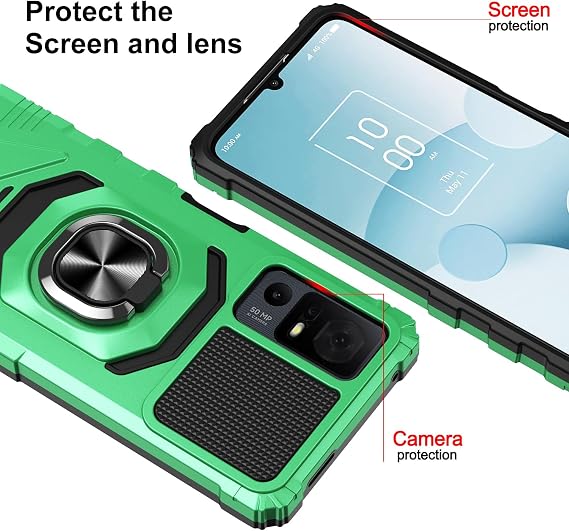 Customerfirst for TCL 40XL 6.75 2023 Phone Case, with Tempered Glass Screen Protector, Ring Kickstand for Magnetic Car Mount, Military Grade, Heavy Duty Shockproof Cover (Green)