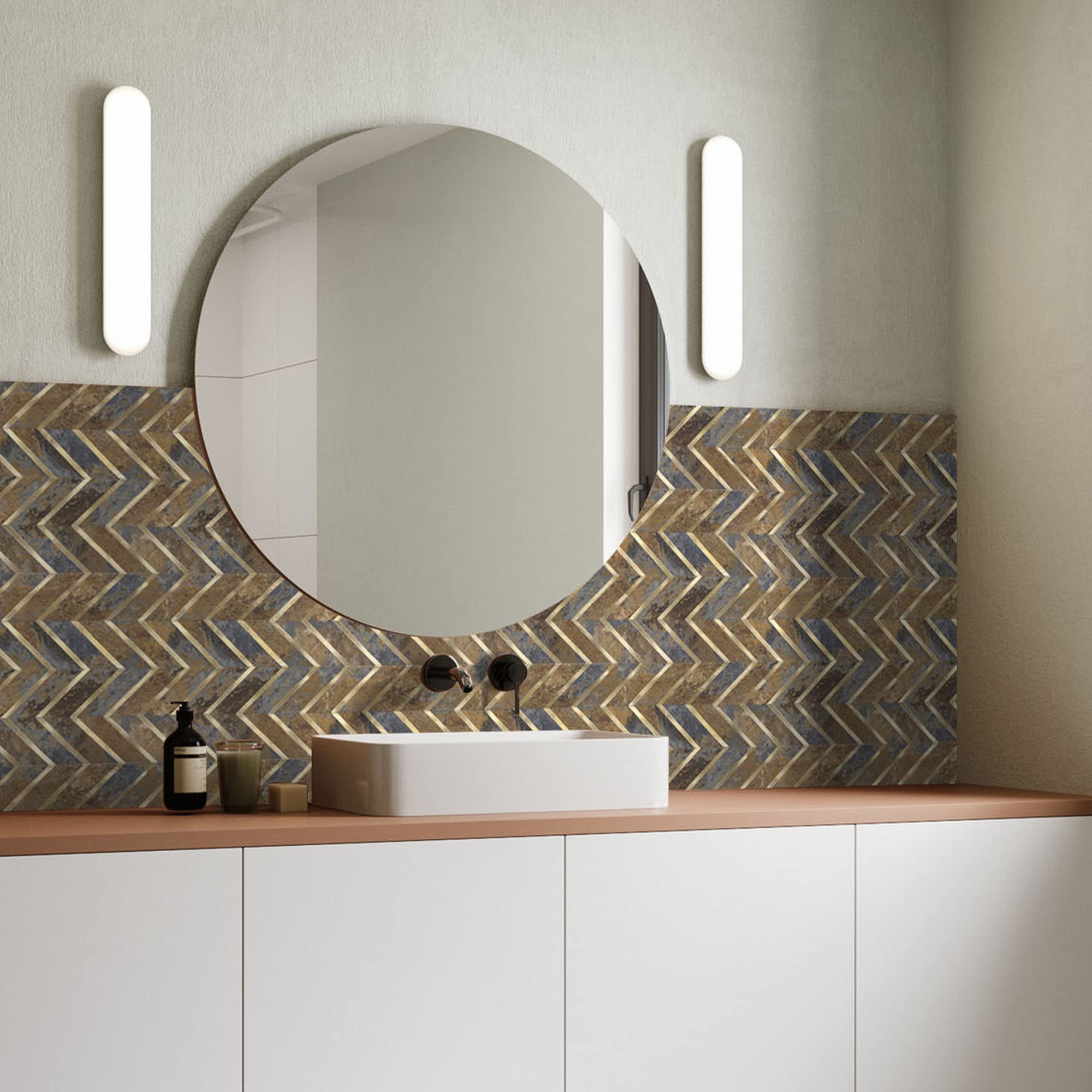 KASARO 10-Piece Peel and Stick Backsplash, Herringbone Pattern Decorative Self-Adhesive Wall Tile for Kitchen and Bedroom, Slate+Metal Gold