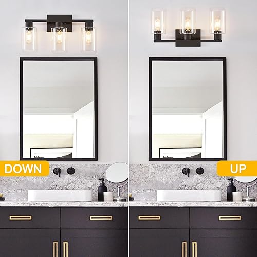 Miniatura 6 de Lámpara de tocador de baño de 3 luces, luces negras con pantallas de vidrio transparente, lámpara de pared de baño para espejo, sala de estar,