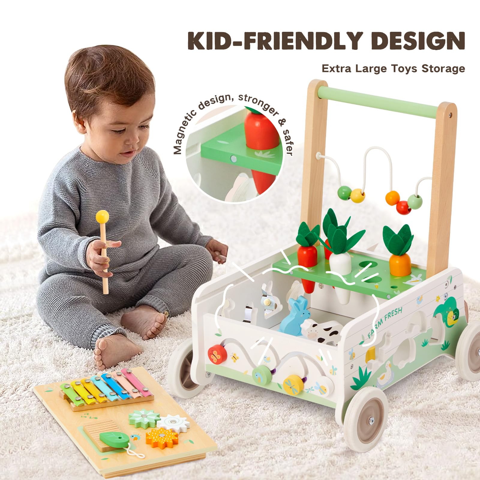 Labebe Andador de Bebé, Andador de Madera para Empujar al Bebé, Andador de Velocidad Ajustable con Rueda, Centro de Actividades para Niños Pequeños