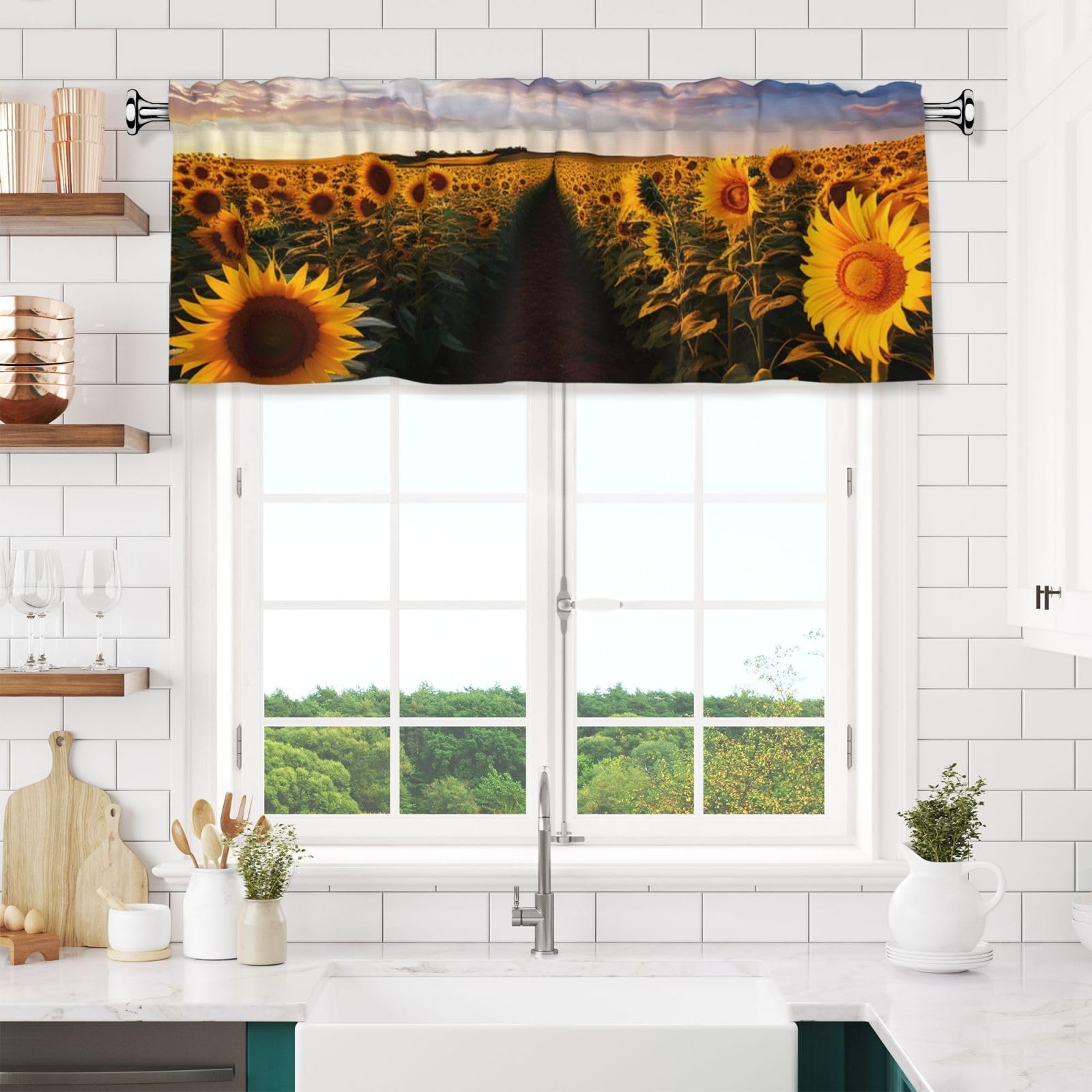Field of Blooming Sunflowers Valances for Windows Short Curtains Rod Pocket Cafe Window Treatments Valance Curtains for Kitchen Bathroom Laundry Basement Windows 54x18inch Blackout Window Valance