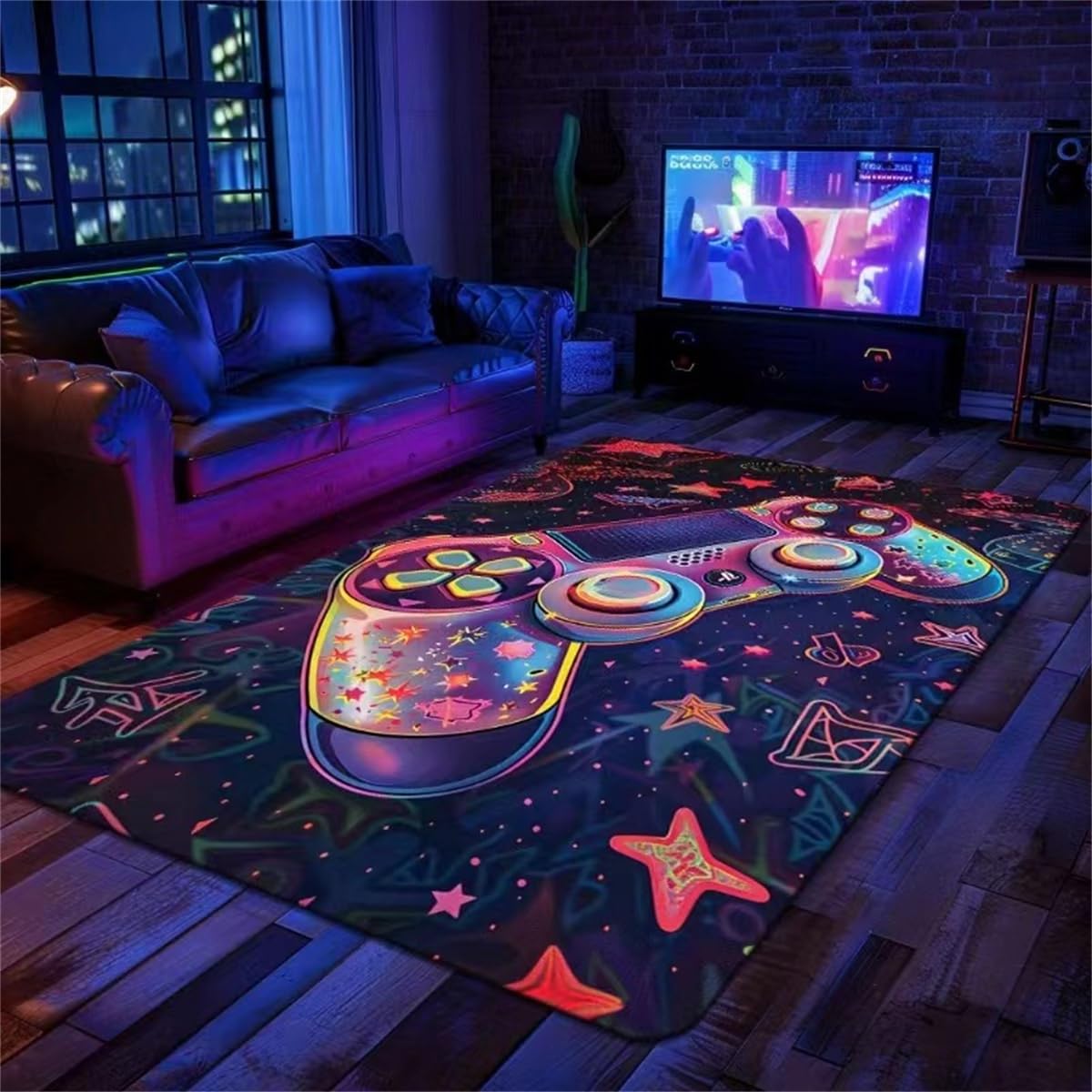 Vloerkleed voor slaapkamer, gamer, jongeren, kinderen, jongens, antislip, 3D -controller, graffiti, speelconsole, decoratie, tapijt, rond, flanel, zacht, modern, cool, zwart, blauw, groen, grijs (E, 80 x 120 cm