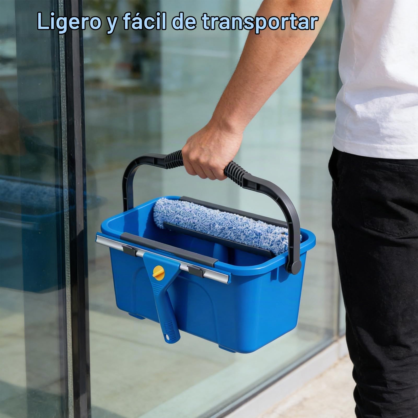 Set de limpieza de ventanas, limpiacristales con cubo de 12 l, escobilla para ventanas, paño de microfibra y paño para cristales, set de limpieza de ventanas para el hogar (4 varillas extensión 40 cm)