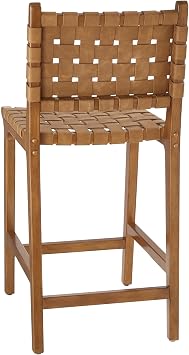Ball & Cast PU Leather Woven Counter Stool Wooden Frame Kitchen Island Bar Stool with Footrest Backrest Wicker Stool Chair for Dining Room Brown