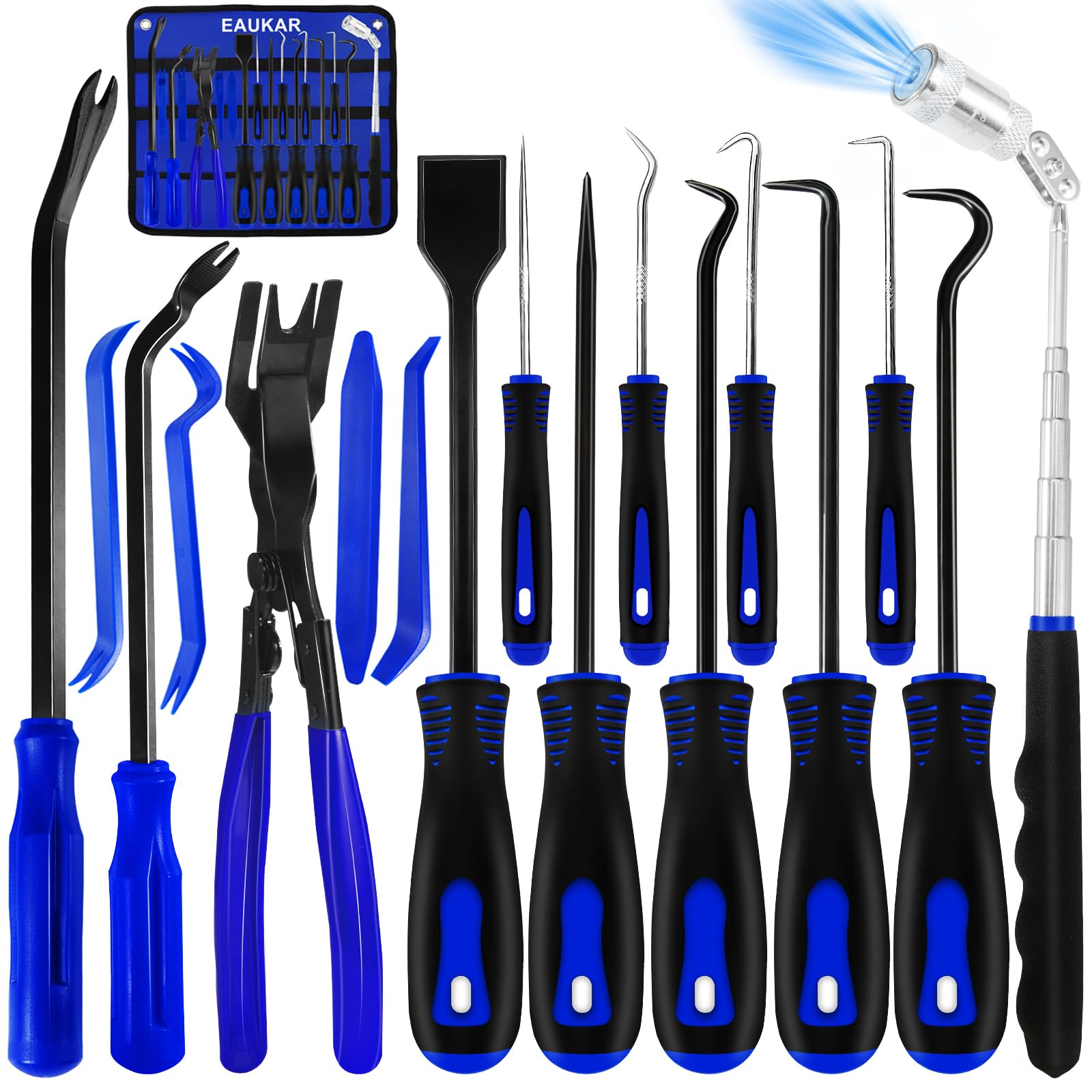 Juego de 17 herramientas de gancho y púa con alicates de extracción de clip automático, remaches, extractor, mecánico, kit de herramientas de extracción de molduras de coche, para sello de