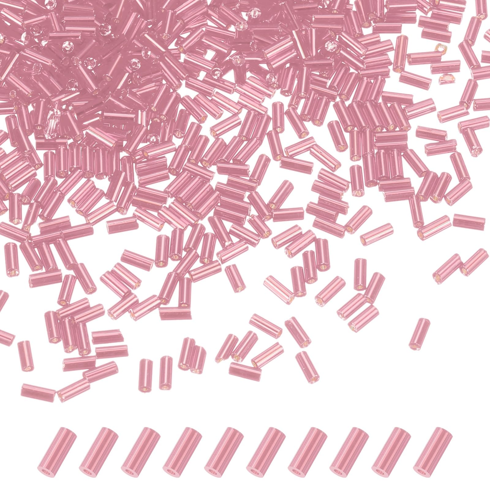 M METERXITY 1800-Pack Bugle Beads, 2x4mm Embroidery Craft Glass Bugle Tube Seed Beads for DIY Craft/Bracelet/Necklaces [Korean Pink]