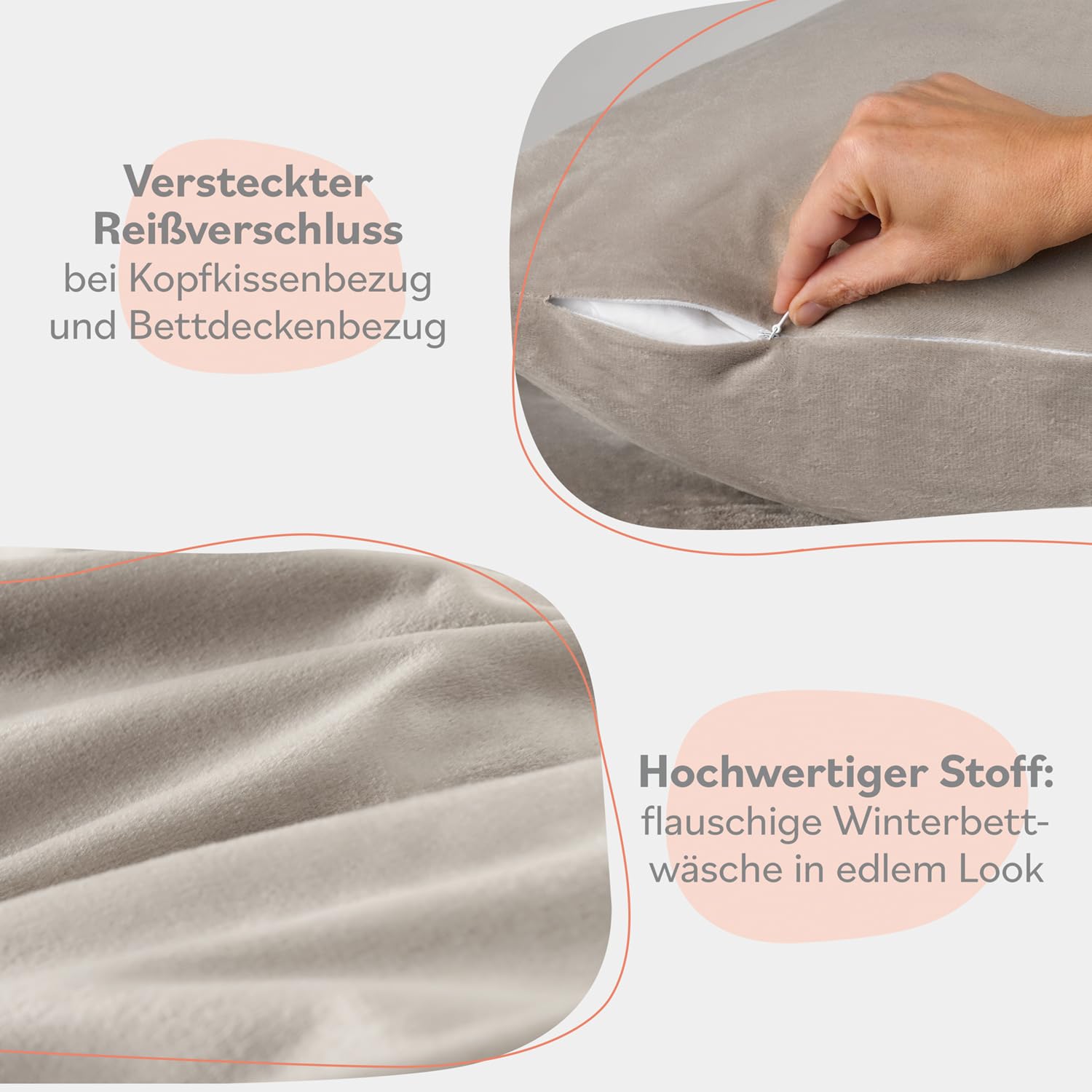 Blumtal Winterbettwäsche 135x200 cm, 4-teiliges 2er-Set – Cashmere-Touch Plüsch aus Flauschiger Mikrofaser, Oeko-TEX Zertifiziert, 2 Deckenbezüge + 2 Kissenbezüge 80x80 cm – Taupe/Beige