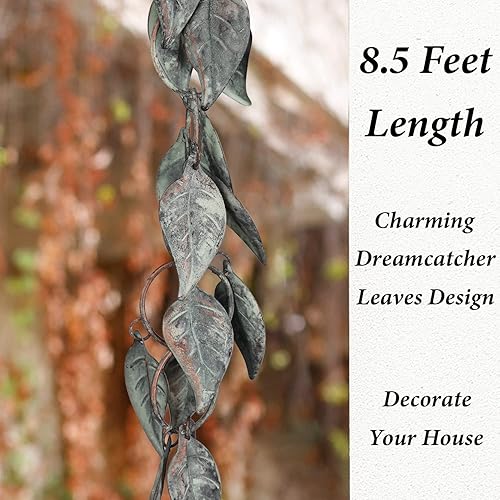 Miniatura 2 de Aifeorzo Cadena de lluvia de 8.5 pies, cadenas de lluvia para canalones, bajantes de cadena de lluvia de metal, círculo con hojas cadenas de canalón