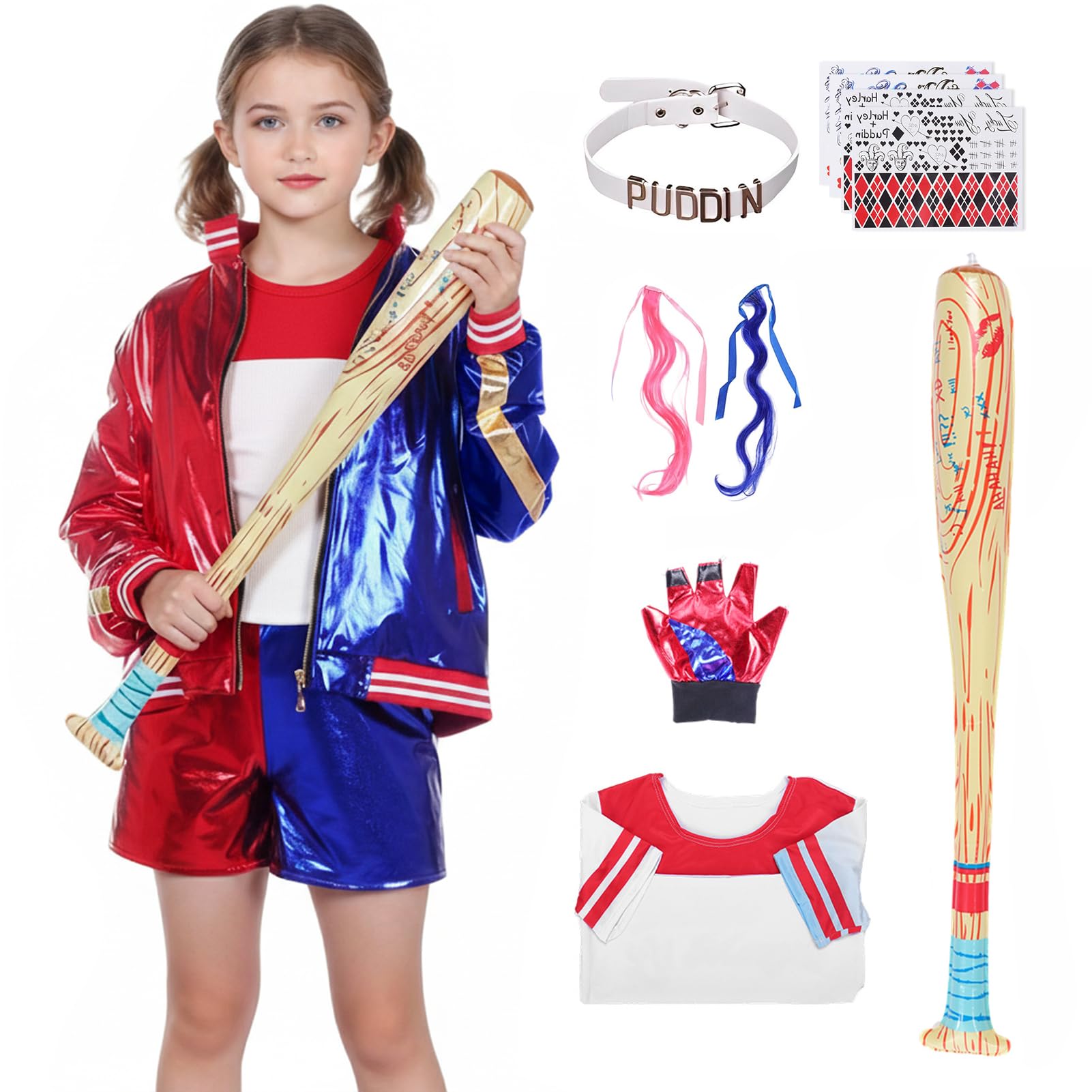 Ficlwigkis Halloween Costume Women Girls Kids,Fancy Dress with Jacket T-Shirt Shorts Gloves Necklace Belt Wig Tattoo (Kids, 150)