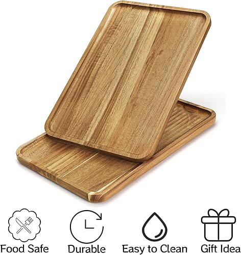 Miniatura 4 de YOUEON Juego de 2 bandejas de madera de acacia con borde elevado, bandeja rectangular de 14.2 x 9.5 pulgadas, plato de queso para aperitivo,