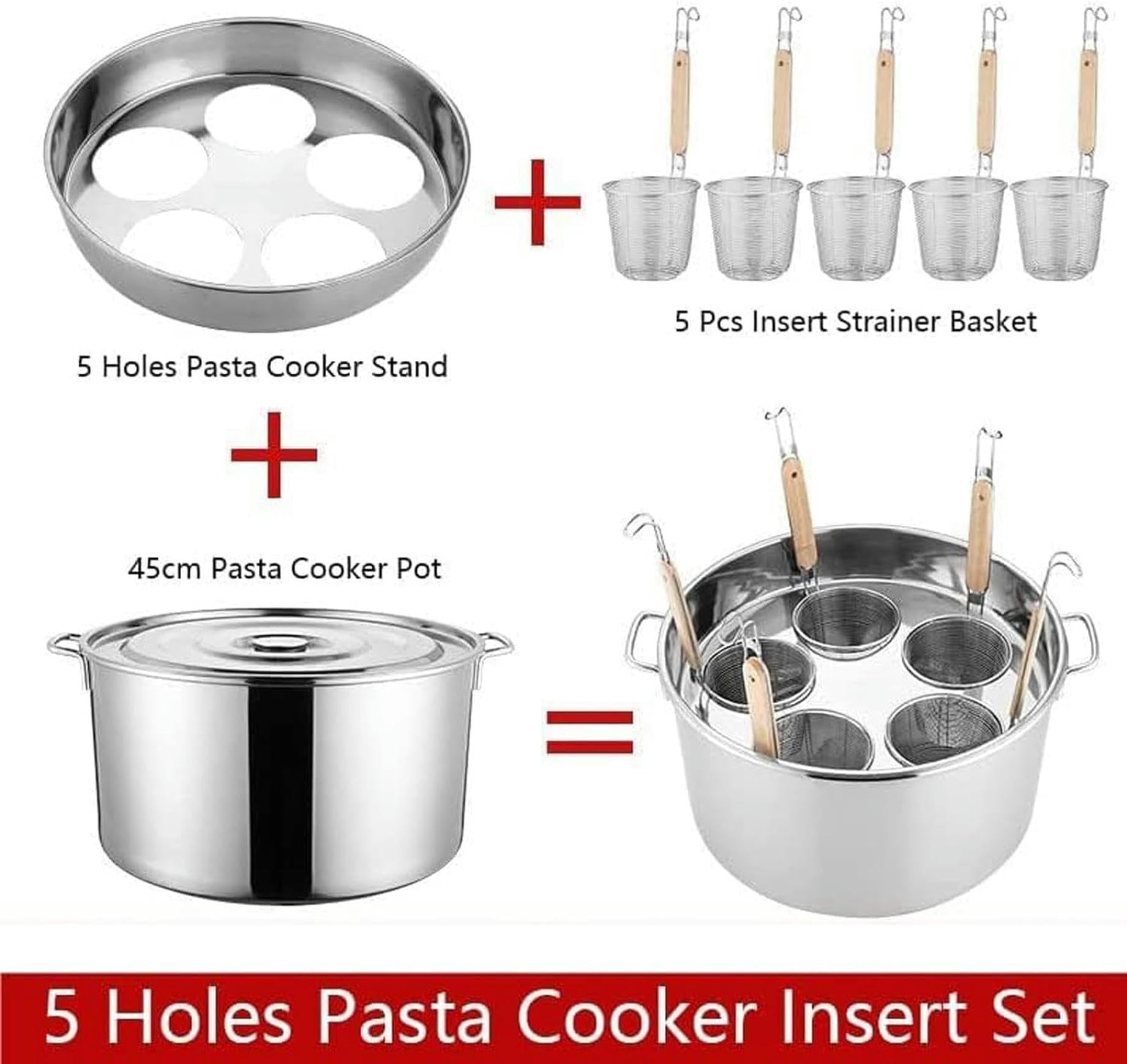 Cuiseur à pâtes, ensemble d'inserts pour cuiseur à pâtes 5 trous, cuiseur à pâtes multifonctionnel avec séparateur et colino, marmite en acier inoxydable pour cuisine domestique, marmite commerciale