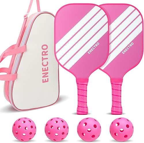 Juego de 2 palas de pickleball rosadas, juego de bolas de fibra de vidrio aprobadas por USAPA con 2 bonitas raquetas de pickleball ligeras, 2 bolas