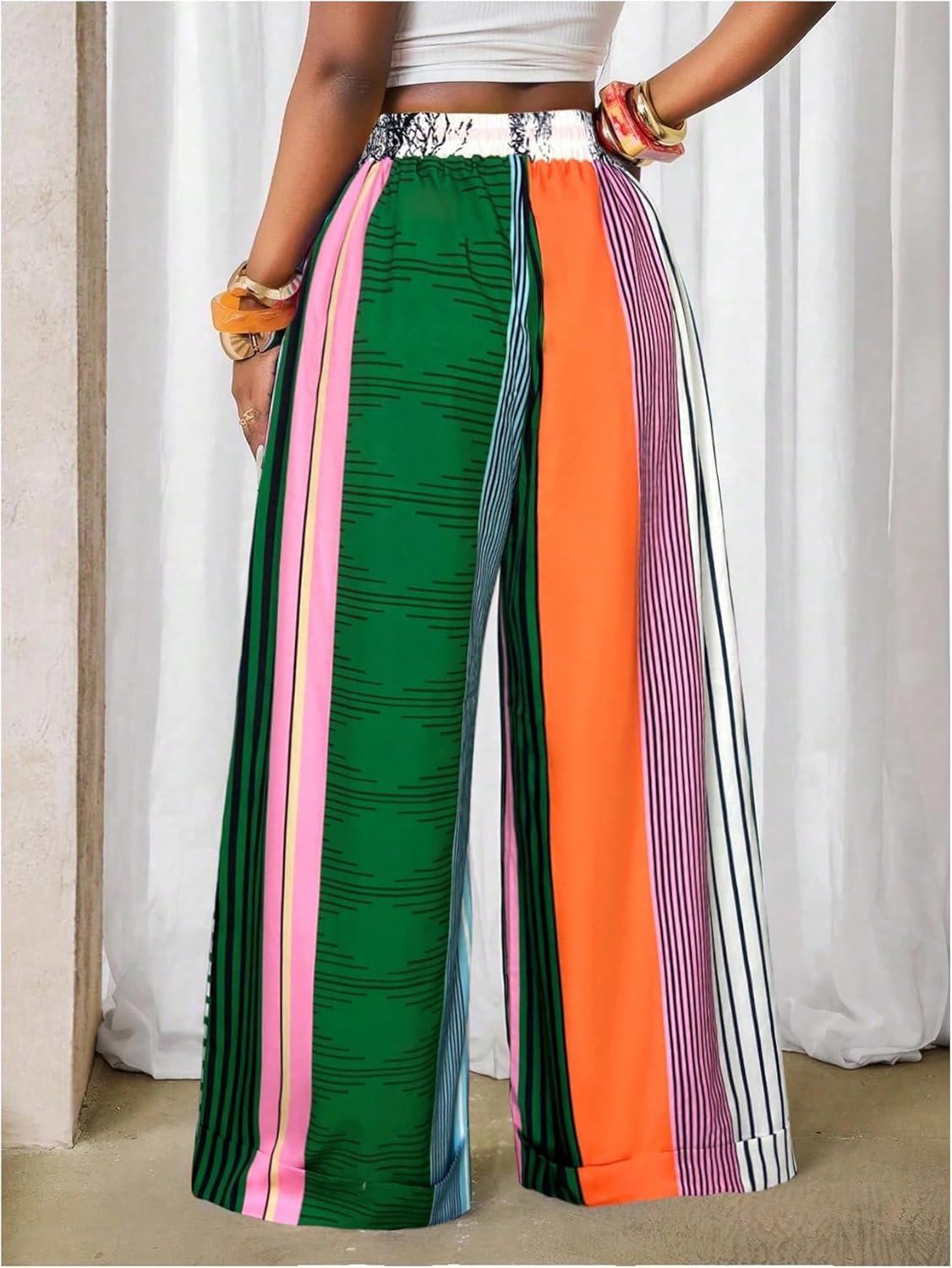 WDIRARA Women's Colorful Striped Wide Leg Pants Elastic Waist Loose Palazzo Pants
