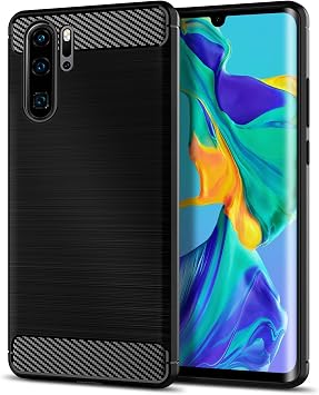 Case Compatible with Huawei P30 Pro, Slim Fit Phone Cover with Shock-Absorption, Carbon Fiber TPU Rubber Protective Case, Black