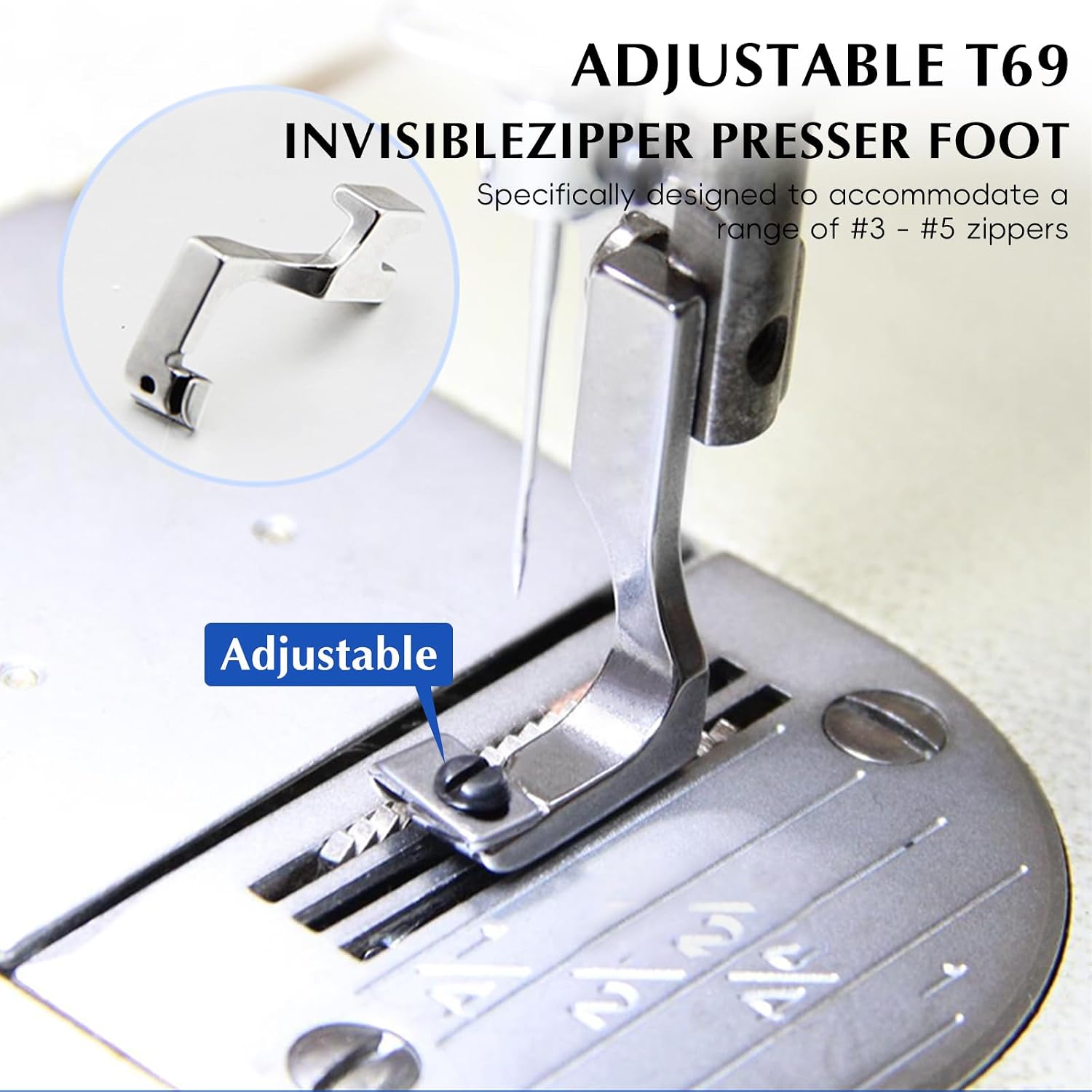 2 Pcs Invisible Zipper Presser Foot, Adjustable Zipper Foot for Sewing Machines, Sewing Seam Guide Accessories