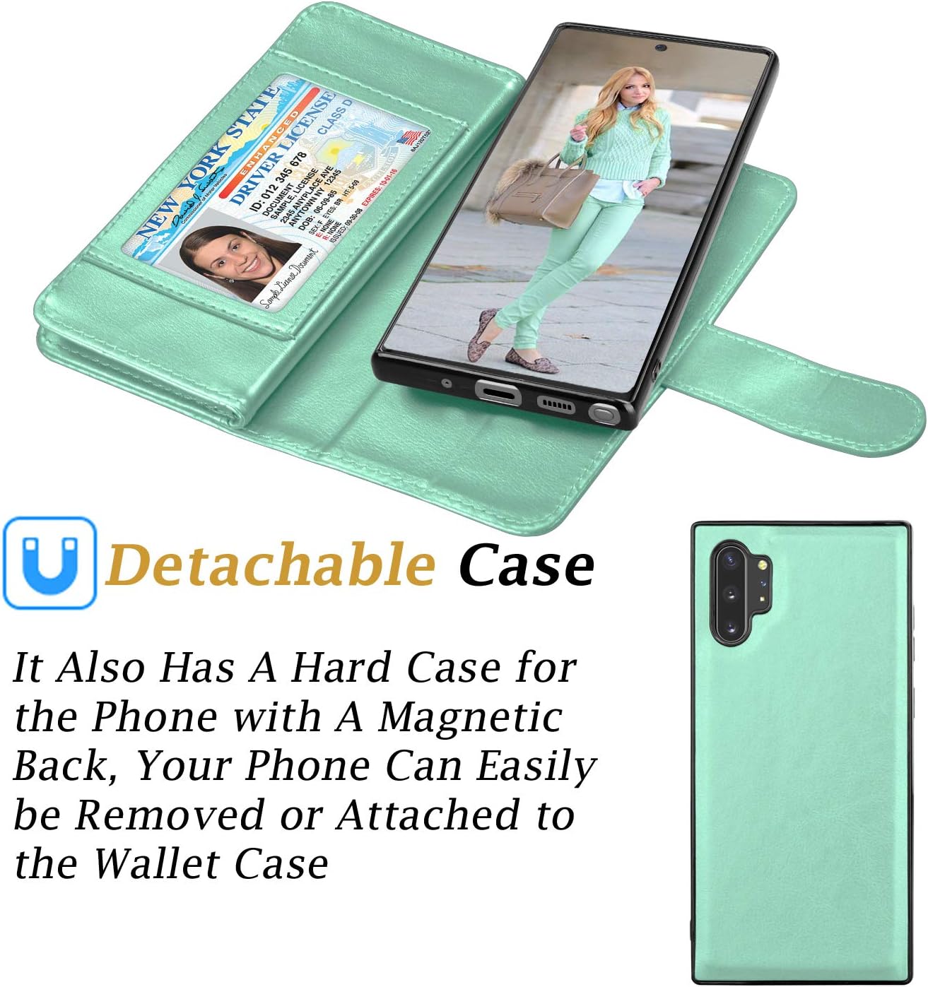 Takfox for Samsung Note 10 Plus Case Wallet, for Galaxy Note 10+ Plus 5G Phone Case PU Leather w 9 ID Credit Card Holder Slots Folio Flip Magnetic Detachable Hard Case & [Wrist Strap]-Turquoise