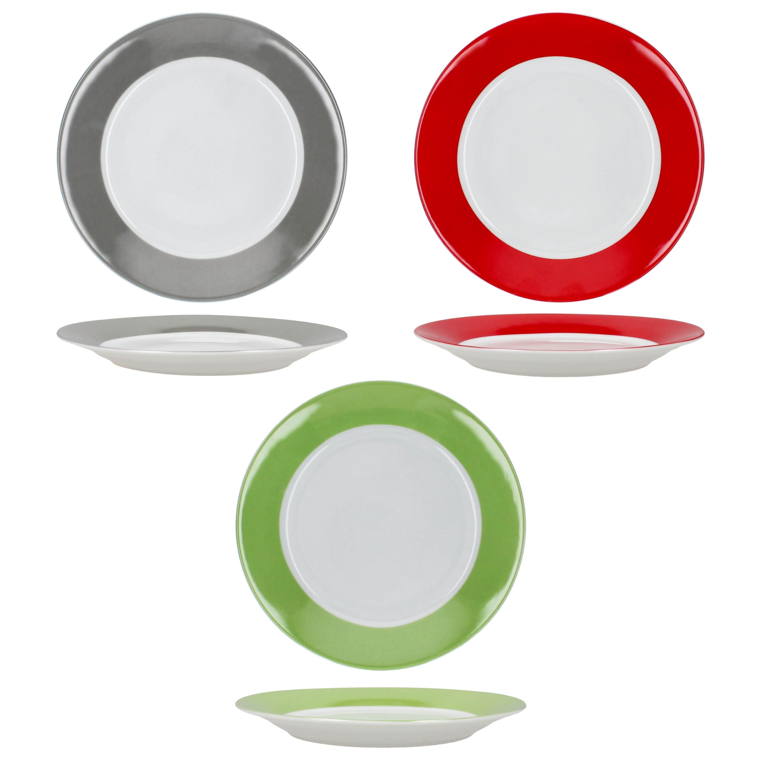 MamboCat 6er Set Variant Trio Kuchenteller I farbige Porzellan-Frühstücksteller für 6 Personen in Grün, Rot & Grau I kleine Teller für Salat, Dessert beim Frühstück, Mittag, Kaffee & Abendbrot