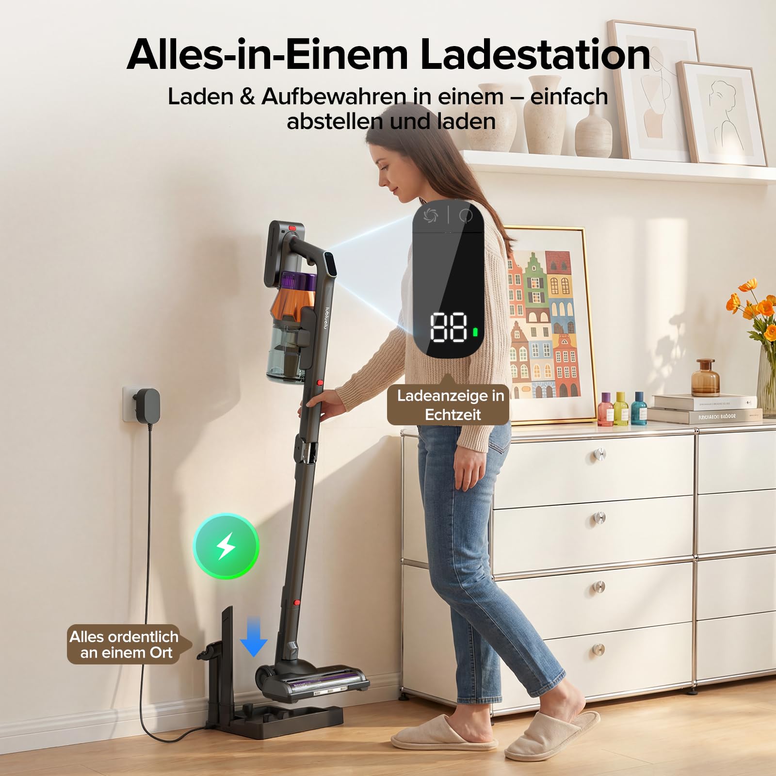 Lubluelu G30 Akku Staubsauger kabellos 55 kPa, 650 W bürstenloser Motor, selbststehend & faltbar, bis zu 65 Min. Laufzeit, mit Ladestation, 7-stufiges Filtersystem, für Tierhaare, Hartböden & Teppiche