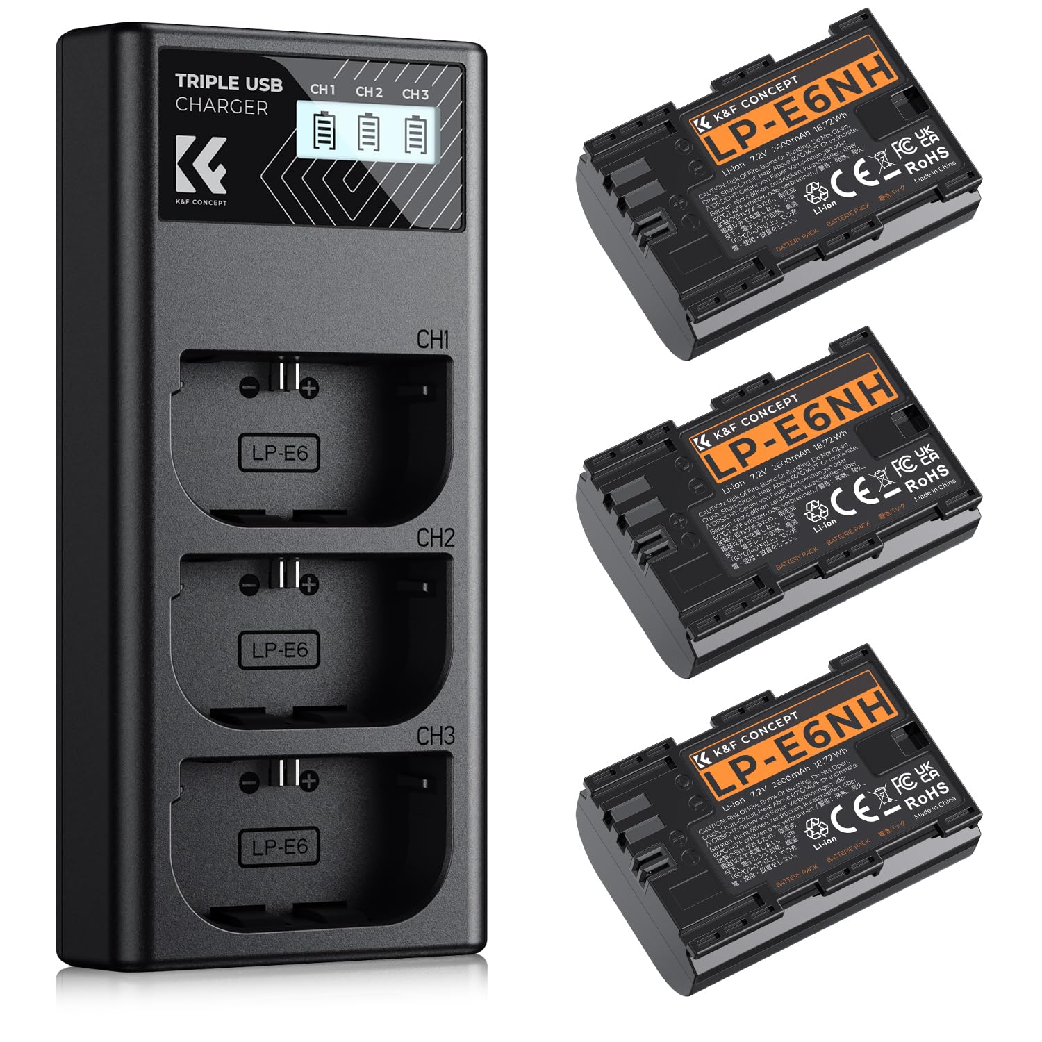 K&F CONCEPT LP-E6NH Akku,2600mAh (3er Pack) und 3-Slot Ladegerät Akku-Kit,Kompatibel mit Canon EOS R7 R5 EOS R6 EOS R 5D II III IV 6D 6D II 7D 7D II 60D 70D 80D 90D