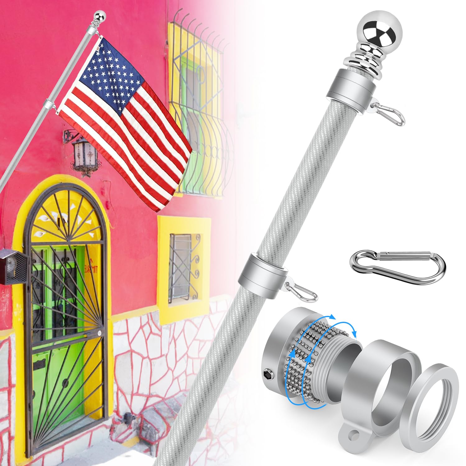 6FT Flag Poles, Carbon Fiber Heavy Duty Flagpoles for Outside House, House Flag Poles for Porch, 1 inch Flag Pole for for 3x5 flag (Without Bracket)