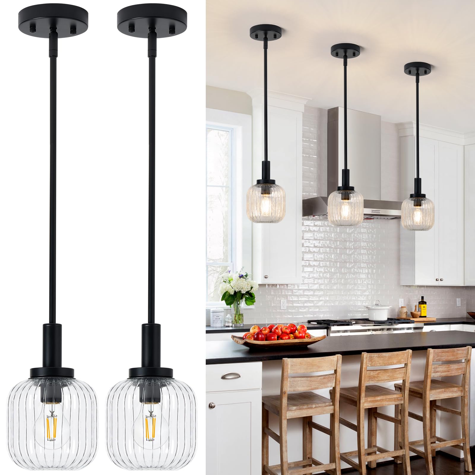Osimir Glass Pendant Lights Kitchen Island 2 Pack, 5.9" Black Modern Pendant Light with Clear Glass and Rods, Mini Hanging Lighting for Kitchen Sink