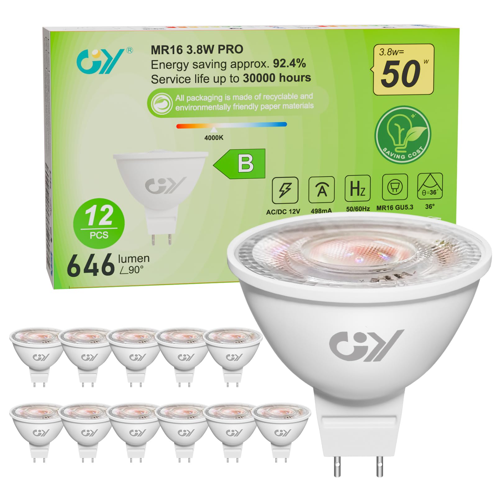 GY Ampoules LED GU5.3 MR16 12V Classe B, 646LM Blanc Neutre 4000K，3.8W Équivalent 50W 36° Angle LED Spot (Faisceau Étroit), Efficacité Energétique, Non-Dimmable,Pas de scintillement, Lot de 6