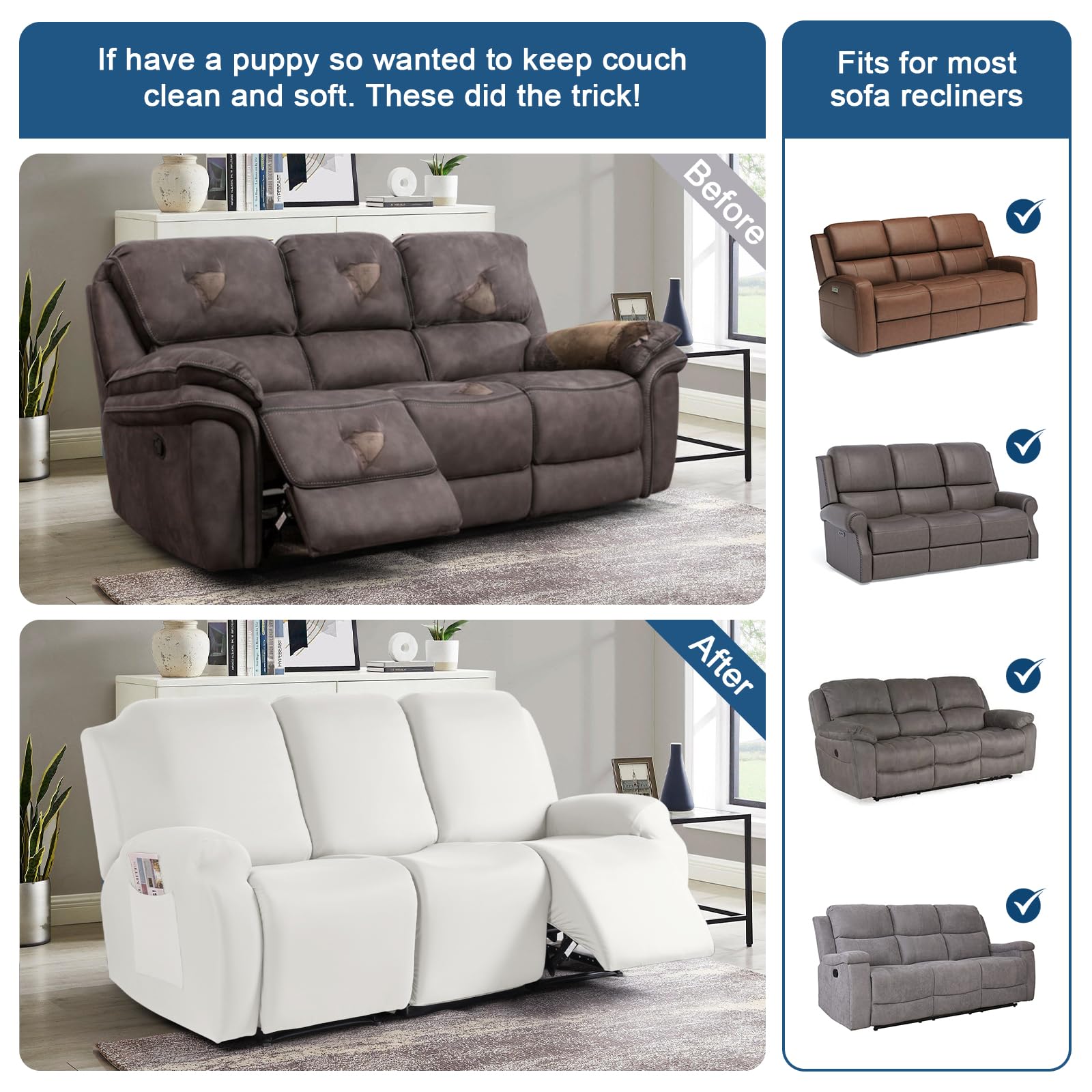 TAOCOCO Recliner Sofa Slipcover, 3 Pieces Polyester Fabric Stretch Sofa Covers for 3 Seat Reclining Couch, Soft Washable Furniture Protector with Pockets (3 Seat, Milk White)