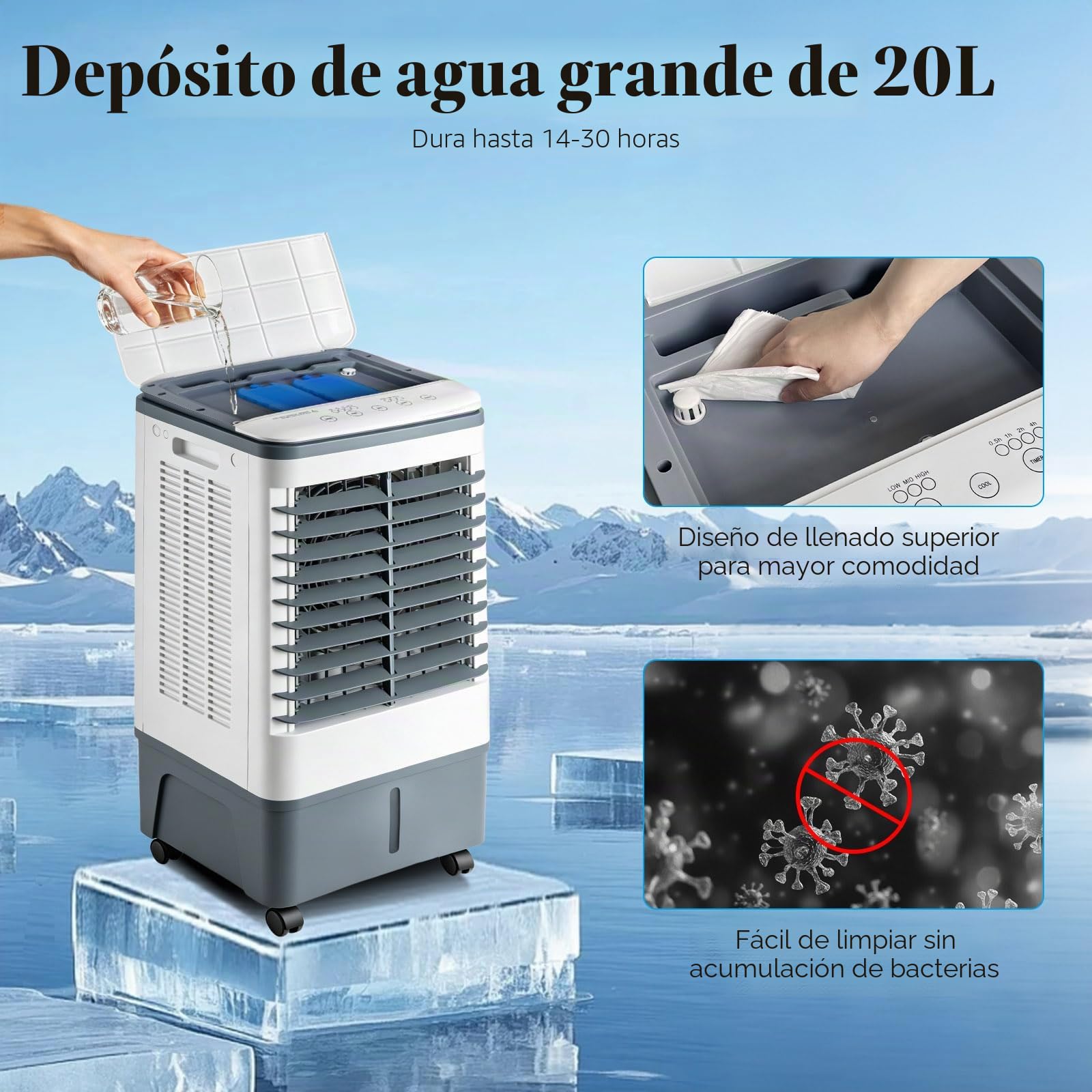 Climatizador Evaporativo 20L con Mando a Distancia y Bloques de Hielo, Ventilador de Agua Portátil, Oscilación de 90°, Temporizador, Enfriador de Aire de Alto Rendimiento para el Hogar