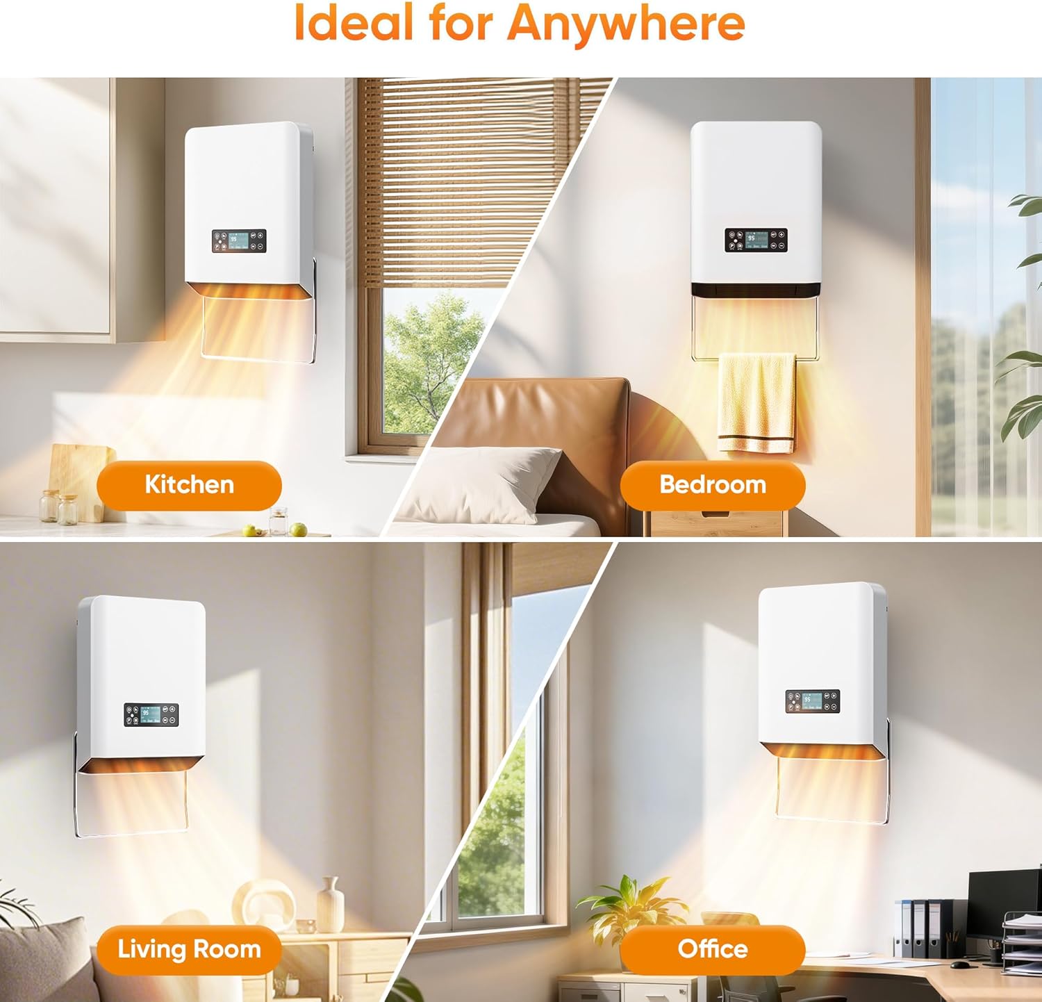 Wall Heater,PTC Electric Space Heaters for Indoor Use,Remote Control,Adjustable Thermostat,Easy-mounted Heater for Bedroom Home Office Garage,1500W