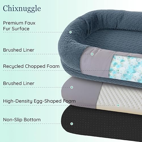 Miniatura 3 de Cama humana para perros adultos  Cama de lujo de piel sintética para perros tamaño gigante con asa portátil, cama ortopédica de espuma con manta, 72