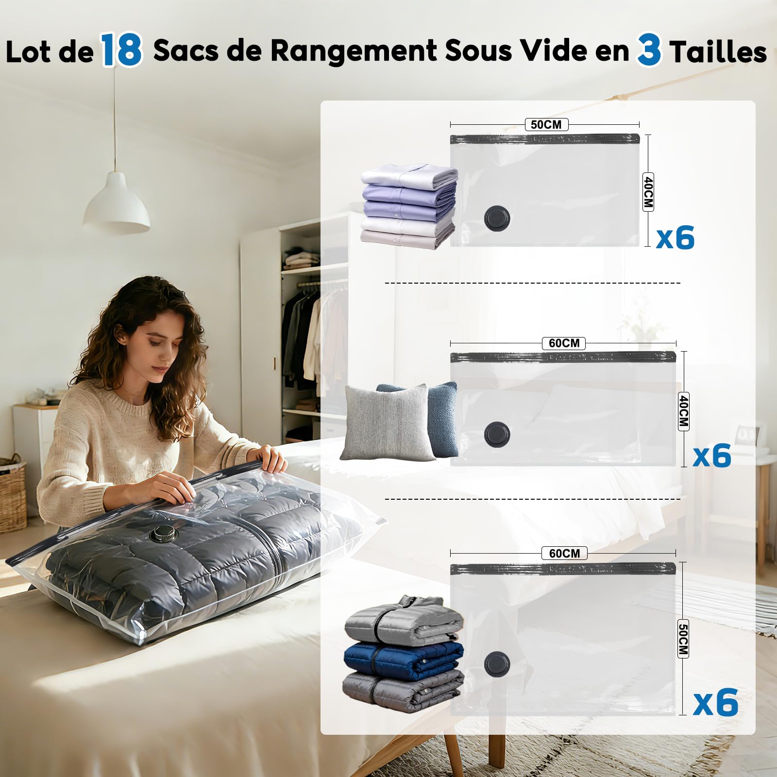 Sacs Sous Vide Vetement Aspirateur avec Pompe Électrique 60000Pa, 18 Unité Sacs de Rangement Sous Vide en 3 Tailles(40*50/40*60/50*60CM), Économisez 80% pour Les Bagages de Voyage et L’organisation