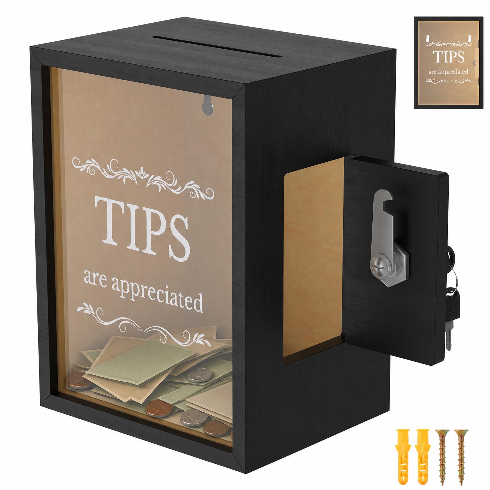 Lockable Tip Box with 2 Keys, Wooden Acrylic Tip Jar, Countertop Money Box with Clear Window for Cash, Coins, Donations, Ballots, Receipts, Weddings, Cafes, Salons, Churches(15x12x20cm)