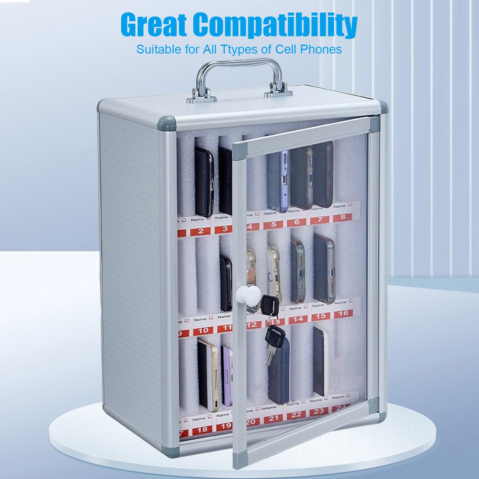 Handygarage mit Schlüssel 24 Slots 285x195x380mm Handy Aufbewahrungsschrank Tragbar wandmontierbar Silber