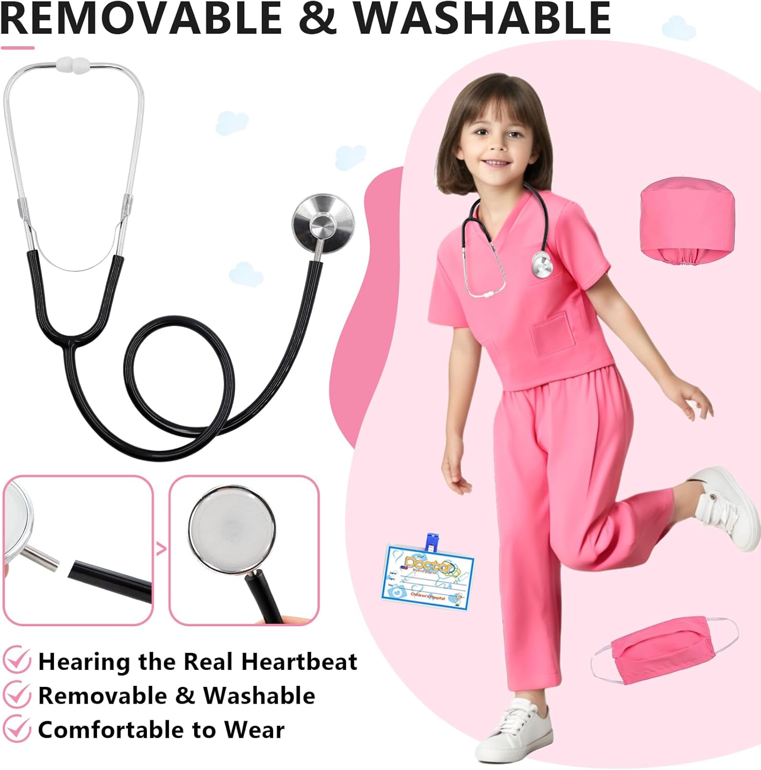 Kids Doctor Scrub Costume,Halloween Cosplay Dress up,Nurse Scrub Set Gift for Boys and Girls 3-12Years Old 6PCS - Image 3