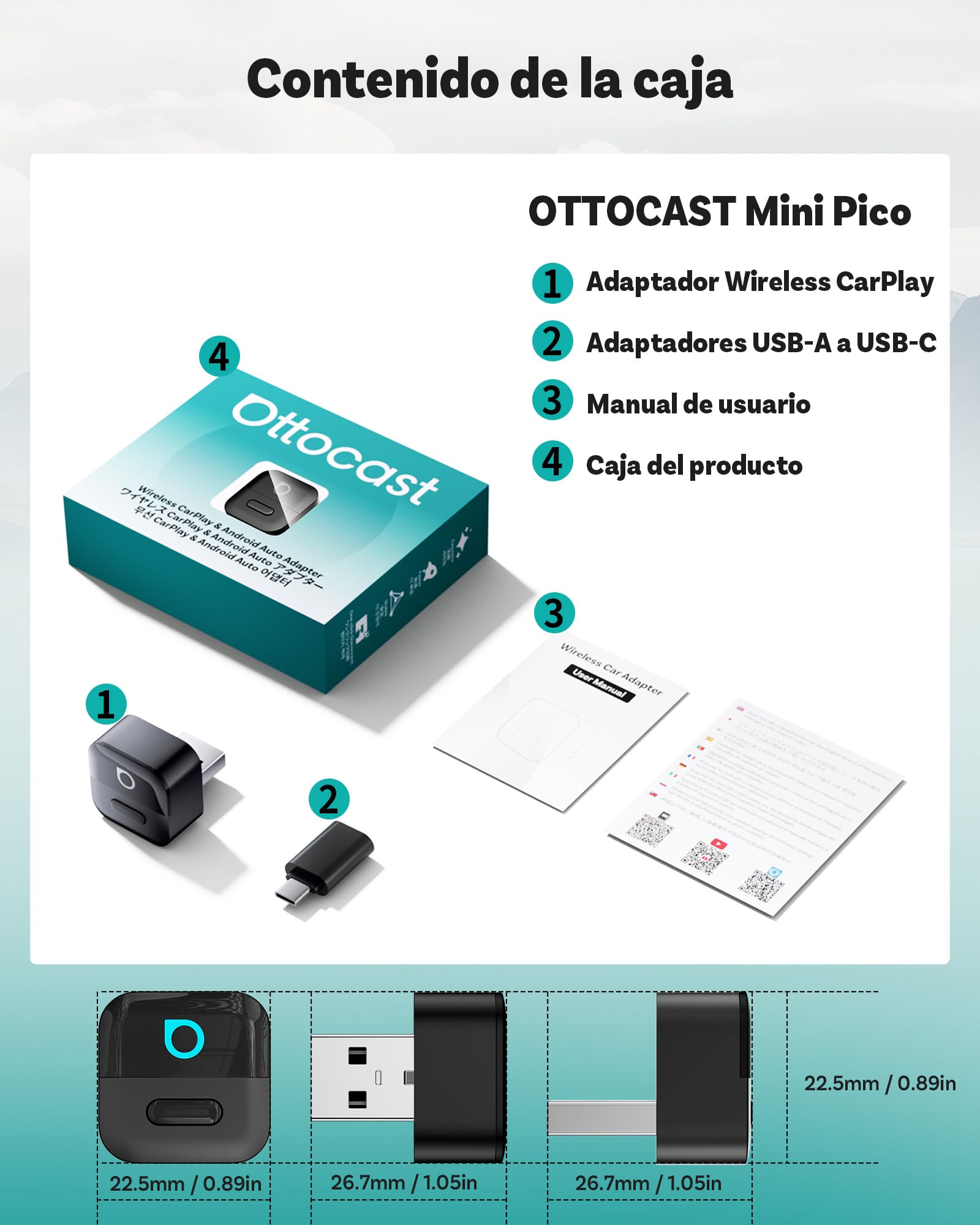 2026 Ottocast Mini Pico Adaptador CarPlay Inalámbrico, Convierte CarPlay y Android Auto con Cable a Wireless, Doble Canal, WiFi 6 & Bluetooth 5.4, Auto Reconnect, USB Plug & Play