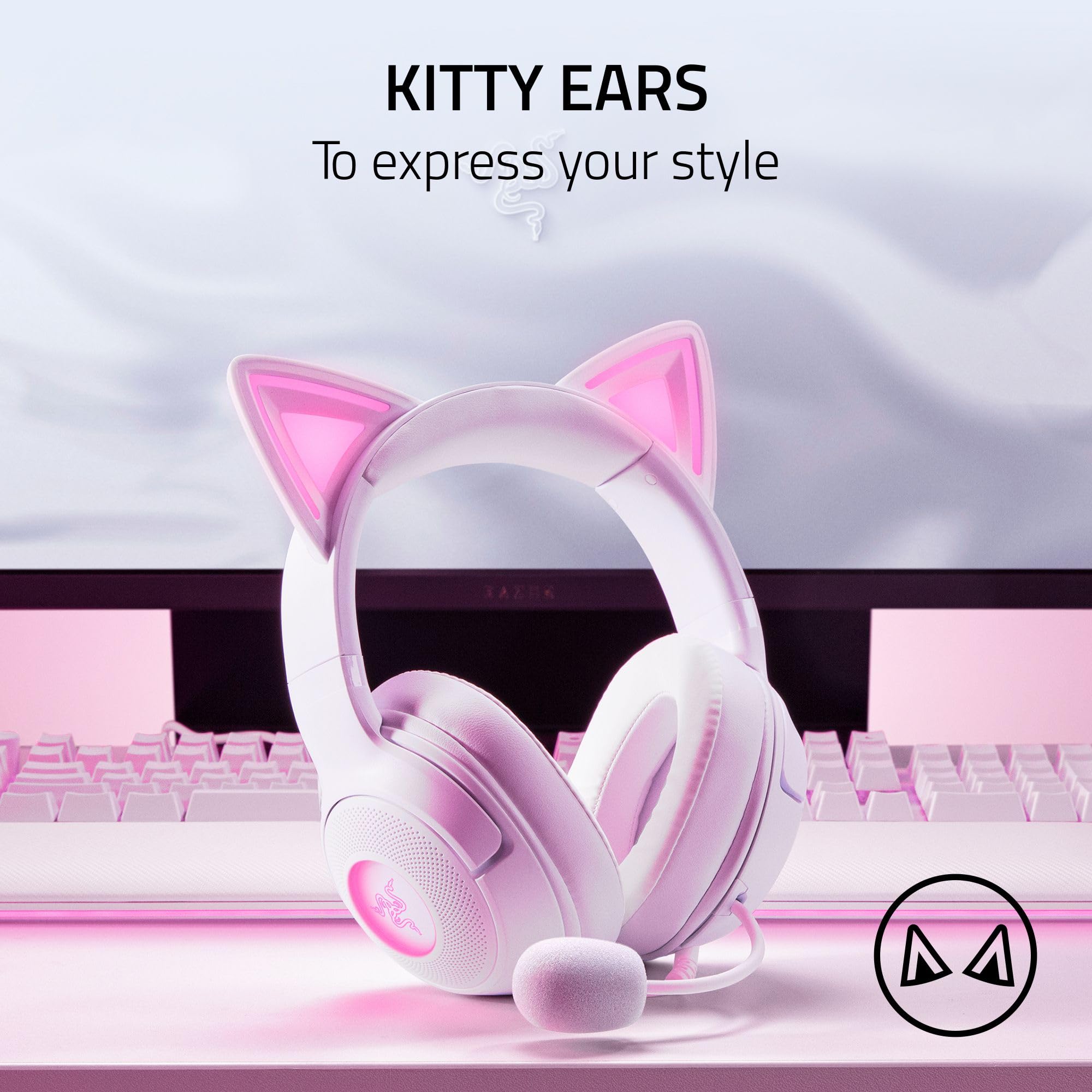 Razer Kraken Kitty V2 USB Wired Headset: Chroma RGB Kitty Ears - Stream Reactive Lighting - HyperClear Cardioid Mic - 40 mm Drivers - 7.1 Surround Sound - Comfortable Ear Cushions -: White
