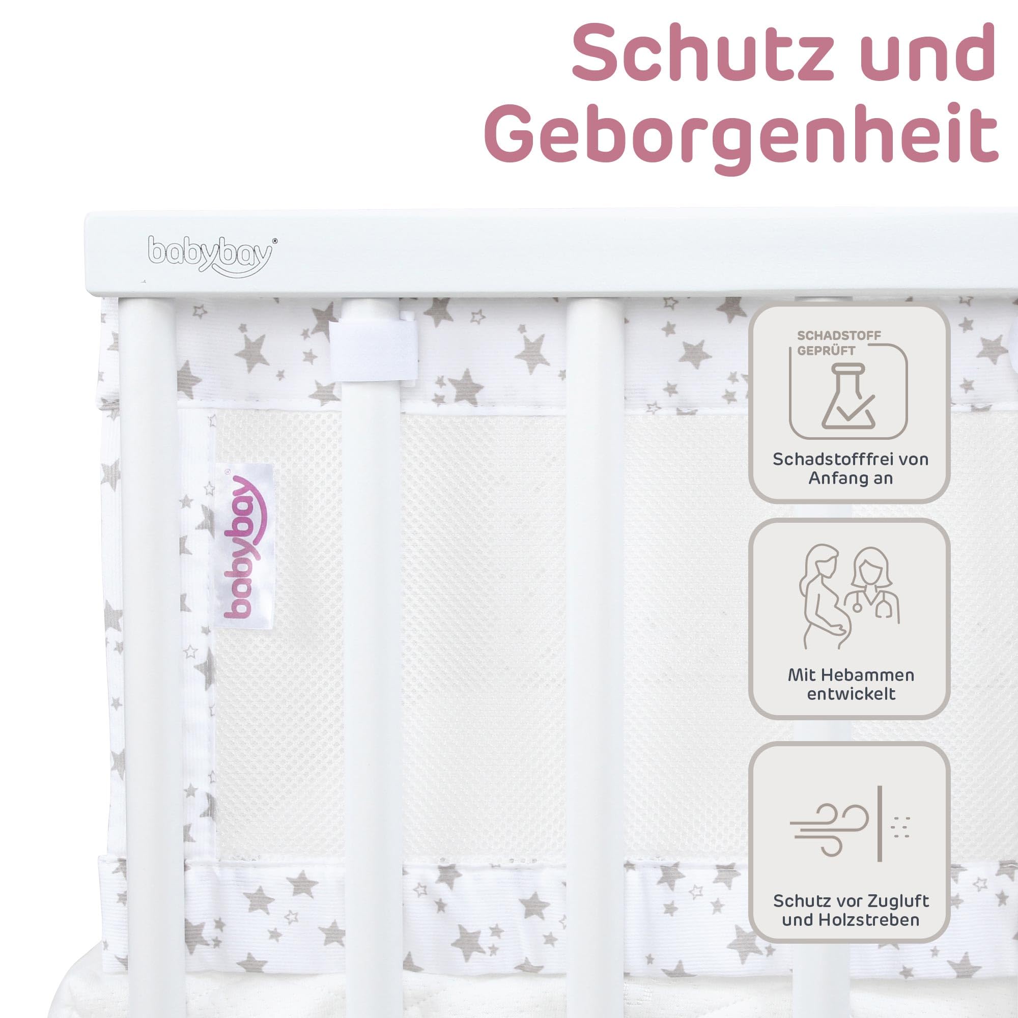 babybay Gniazdko 3D mesh piqué pasujące do modelu oryginalnego, białe gwiazdy, perłowo-szare