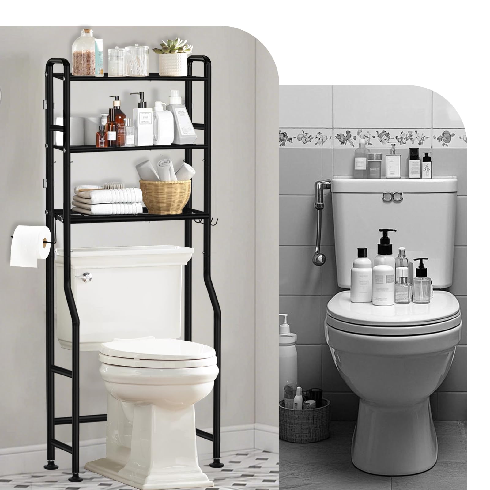 Étagère pour machine à laver, étagère WC sur machine à laver, armoire de toilettes, 3 étagères, porte-serviettes, 62 x 163 x 22 cm, noire